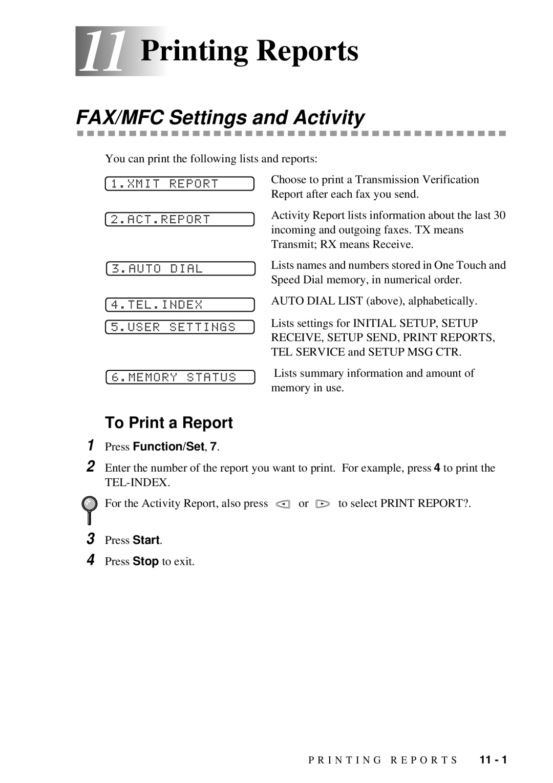 Brother 580MC, 660MC owner manual 11 11Printing Reports, FAX/MFC Settings and Activity, RECEIVE, Setup SEND, Print Reports 