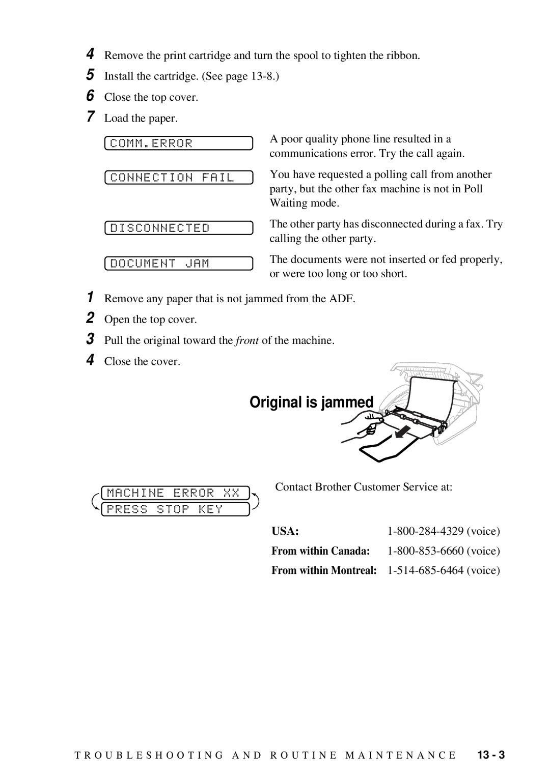 Brother 580MC Original is jammed, Comm.Error, Connection Fail Disconnected Document JAM, Machine Error Press Stop KEY 