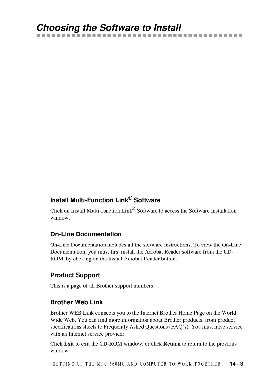 Brother 580MC, 660MC Choosing the Software to Install, Install Multi-Function Link Software, On-Line Documentation 