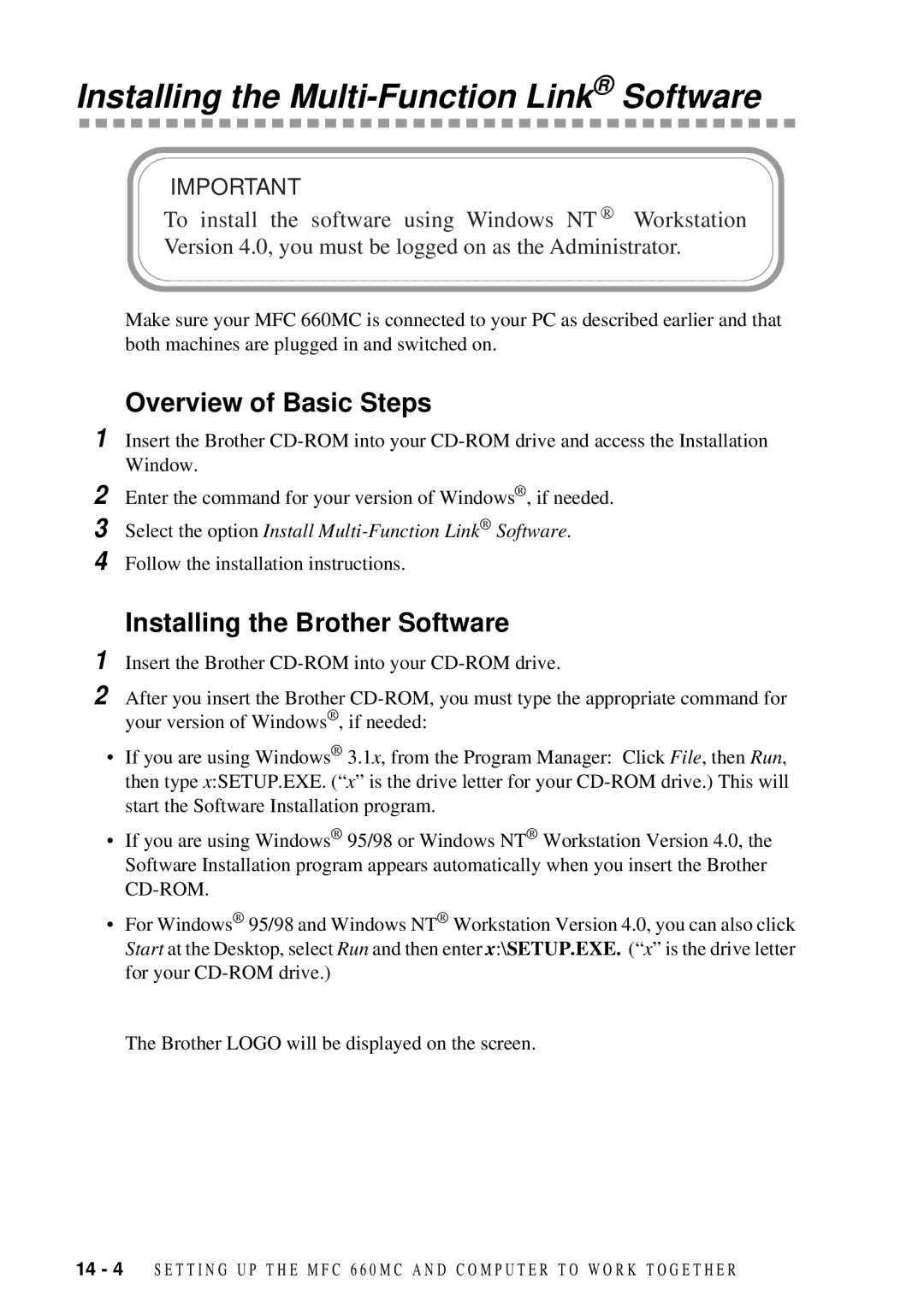 Brother 660MC, 580MC Installing the Multi-Function Link Software, Overview of Basic Steps, Installing the Brother Software 