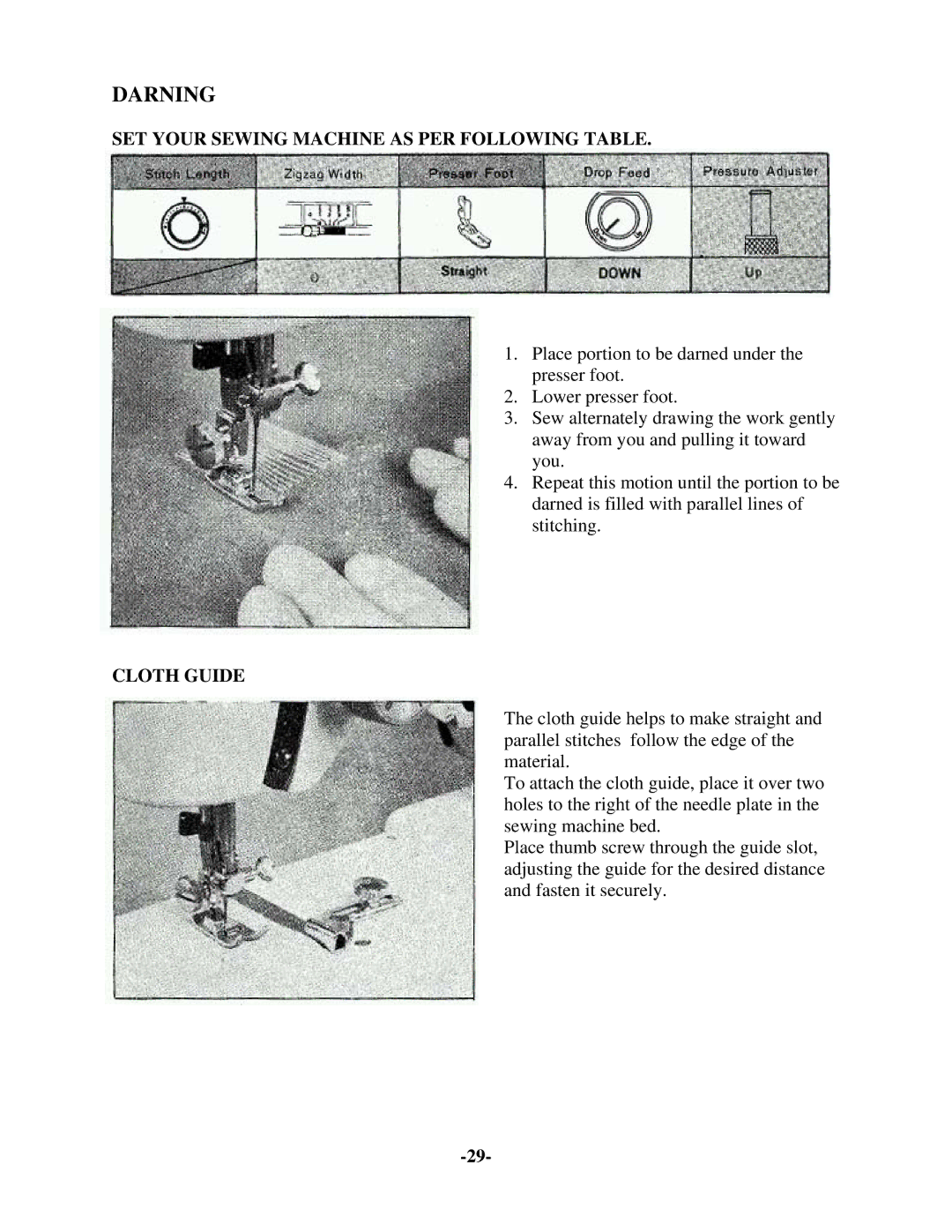 Brother 681B-UG manual Darning, Cloth Guide 