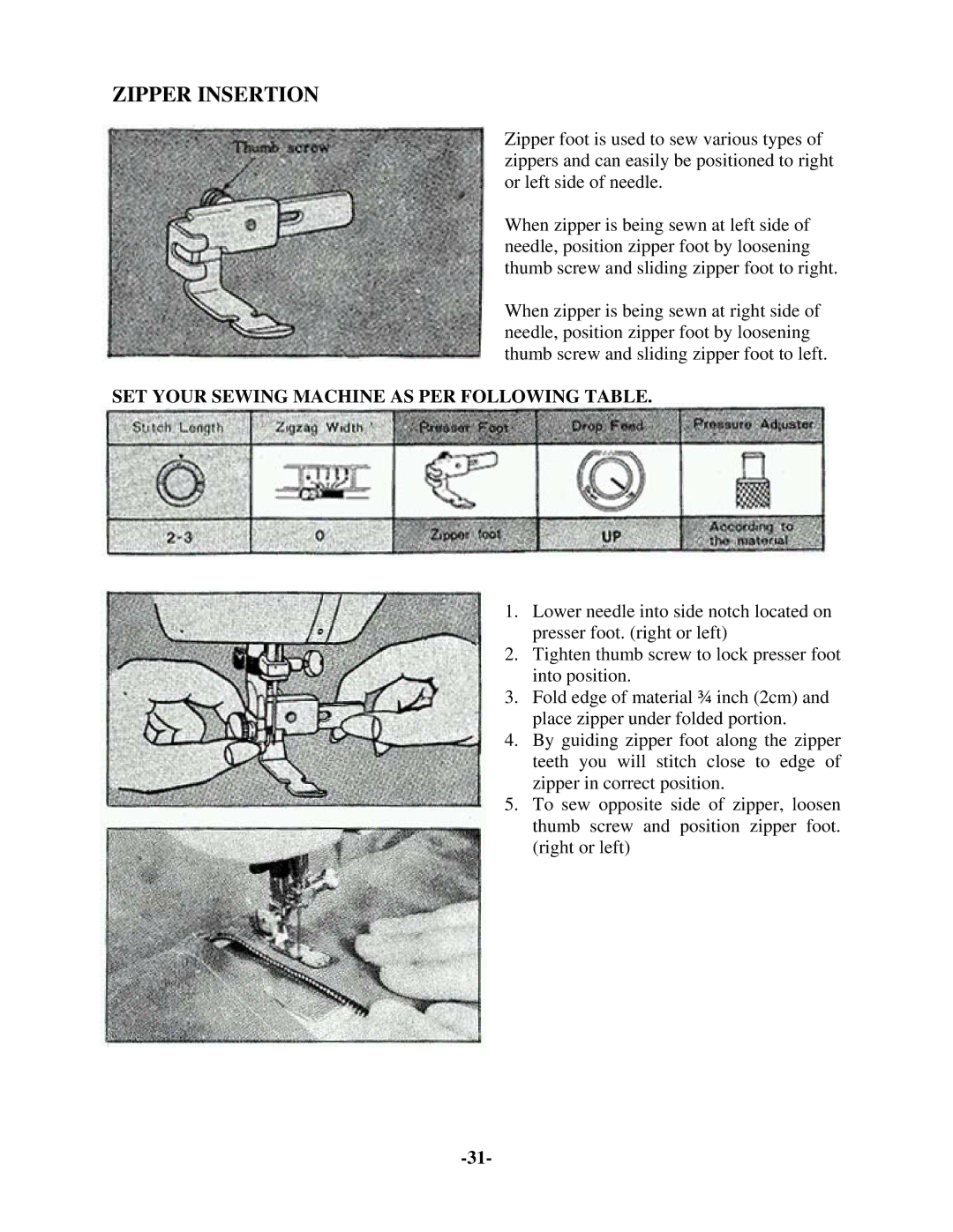 Brother 681B-UG manual Zipper Insertion 