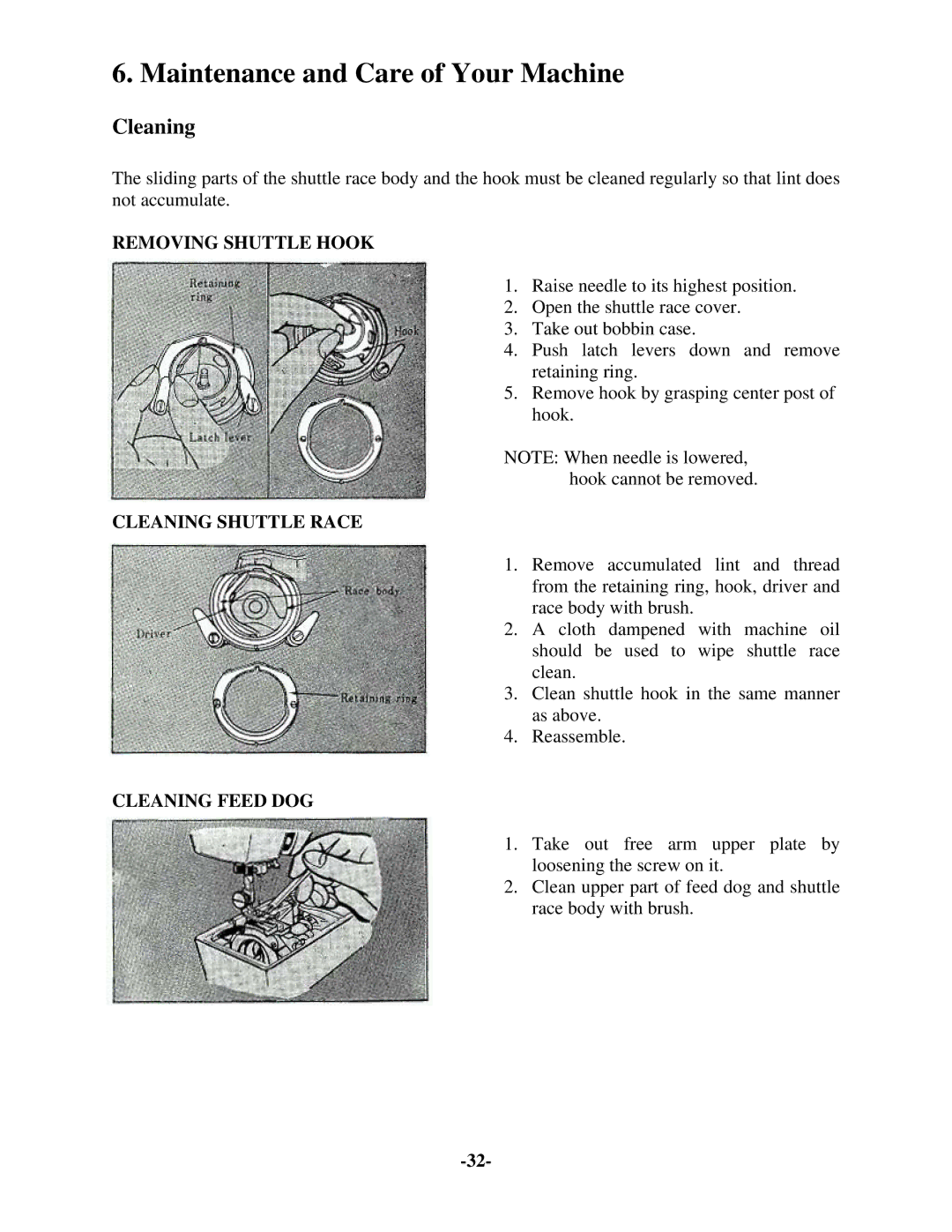 Brother 681B-UG Maintenance and Care of Your Machine, Removing Shuttle Hook, Cleaning Shuttle Race, Cleaning Feed DOG 