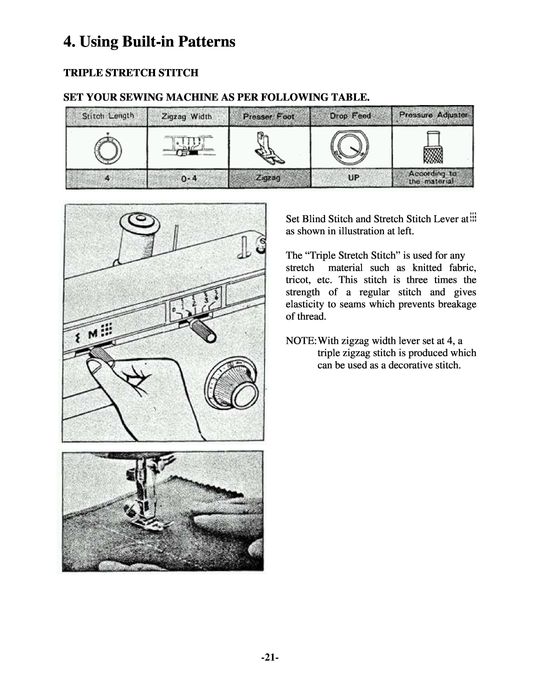 Brother 681B-UG manual Using Built-in Patterns, Triple Stretch Stitch Set Your Sewing Machine As Per Following Table 