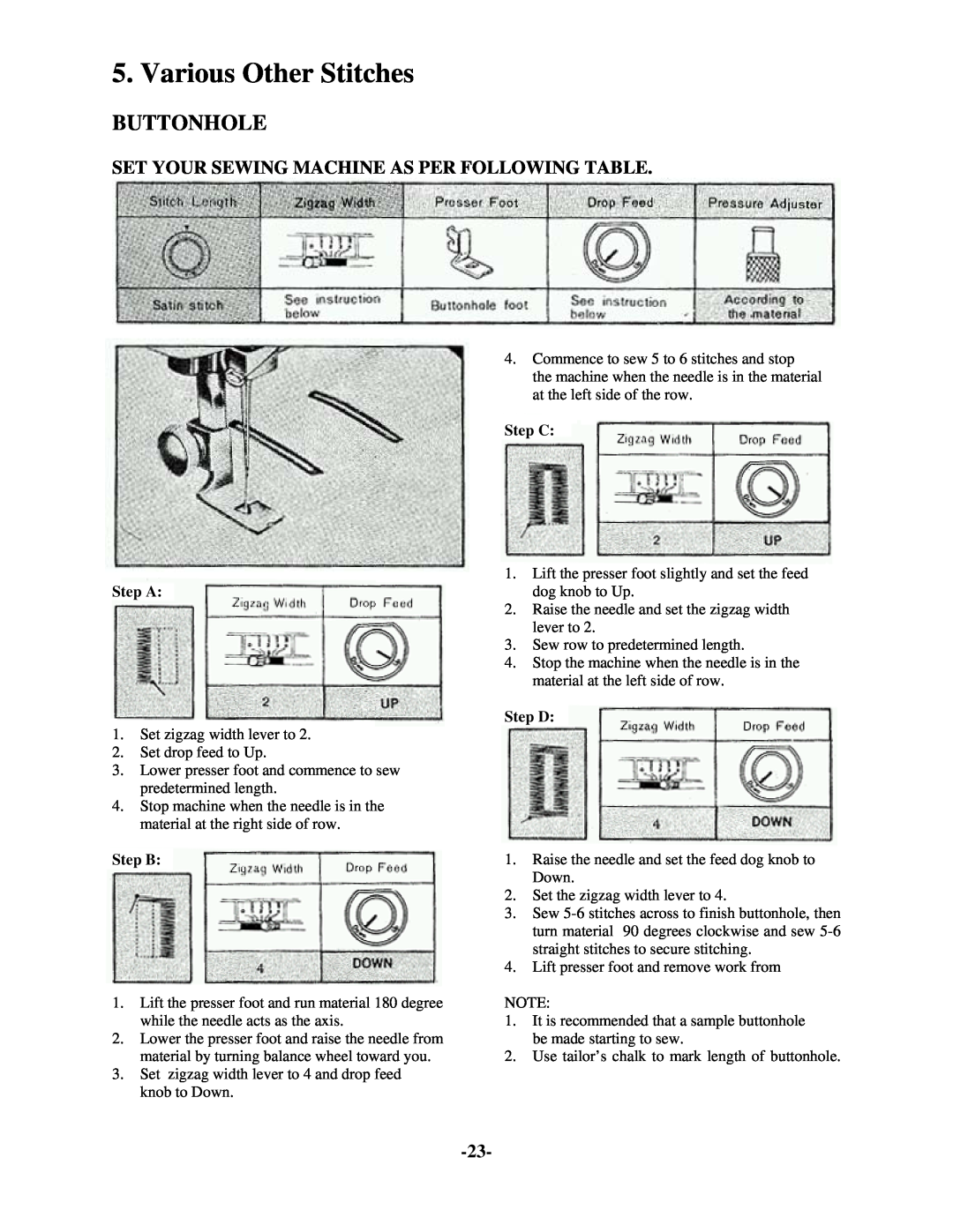 Brother 681B-UG Various Other Stitches, Set Your Sewing Machine As Per Following Table, Step A, Step B, Step C, Step D 