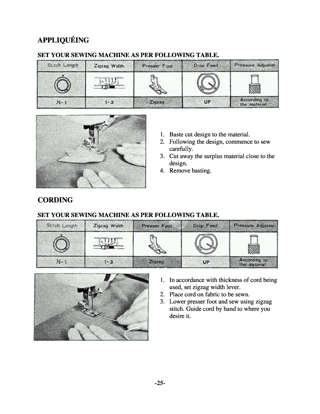 Brother 681B-UG manual Appliquéing, Cording, Set Your Sewing Machine As Per Following Table 