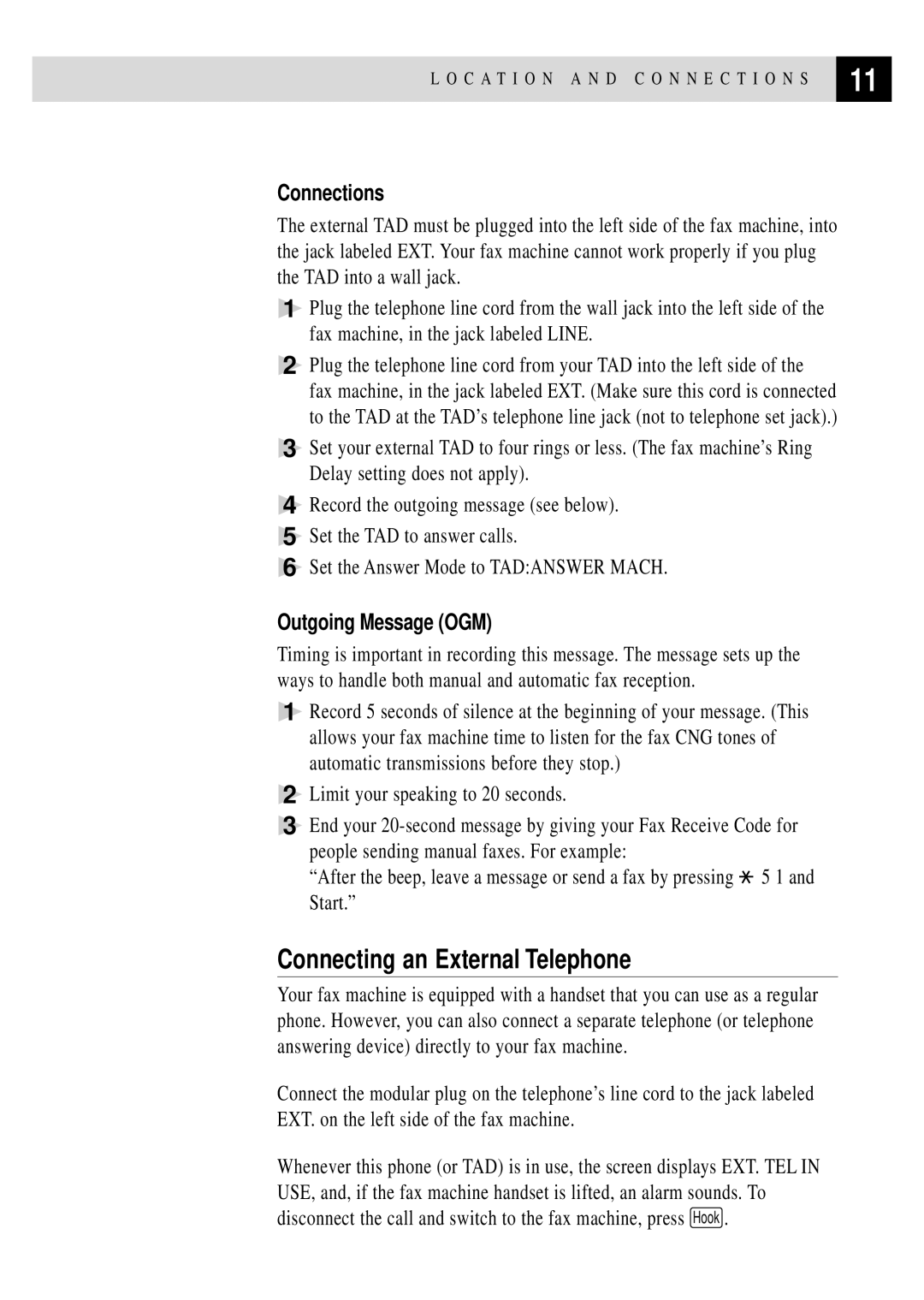 Brother 770, 750 owner manual Connecting an External Telephone, Connections, Outgoing Message OGM 