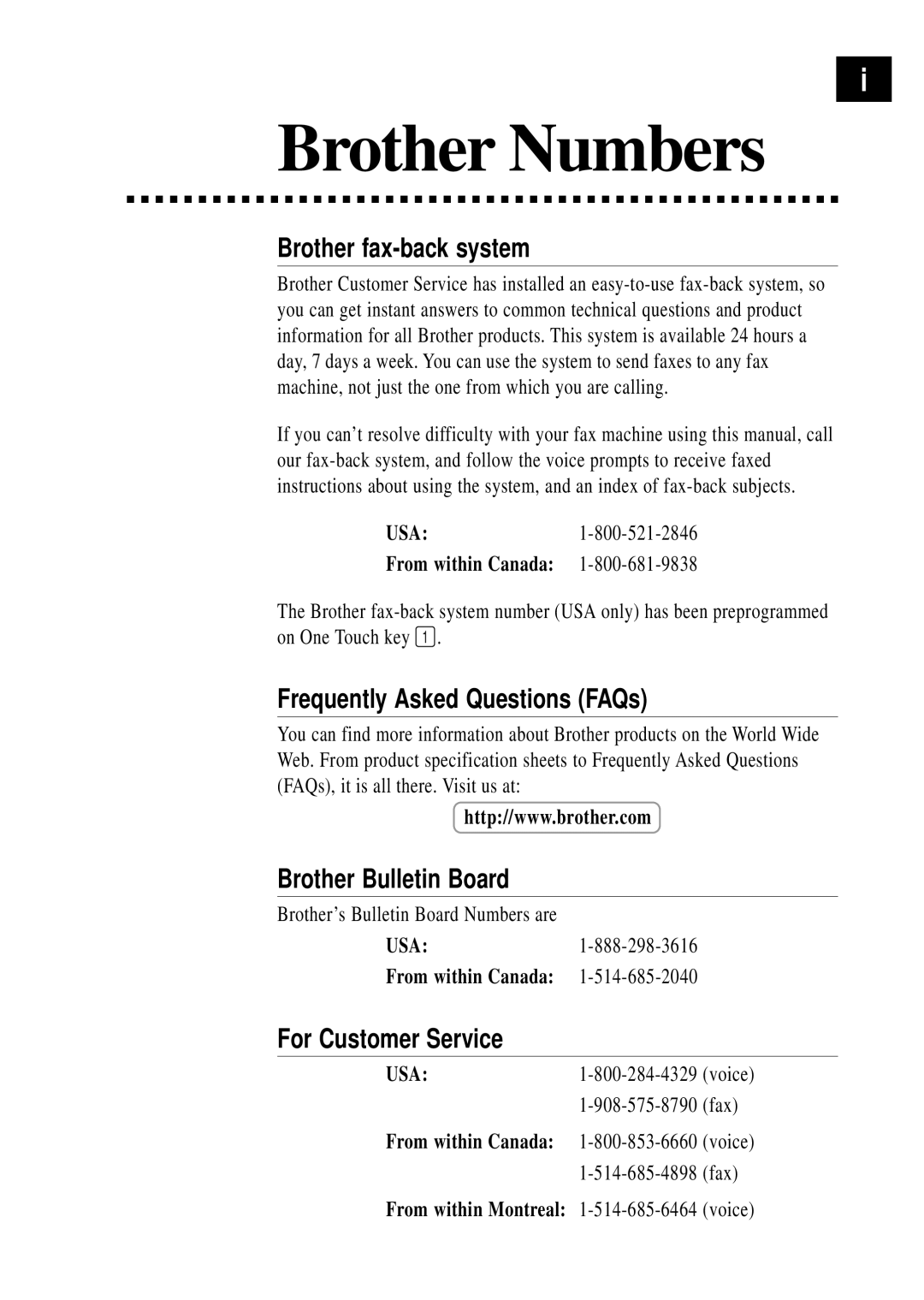 Brother 770, 750 Brother Numbers, Brother fax-back system, Frequently Asked Questions FAQs, Brother Bulletin Board 