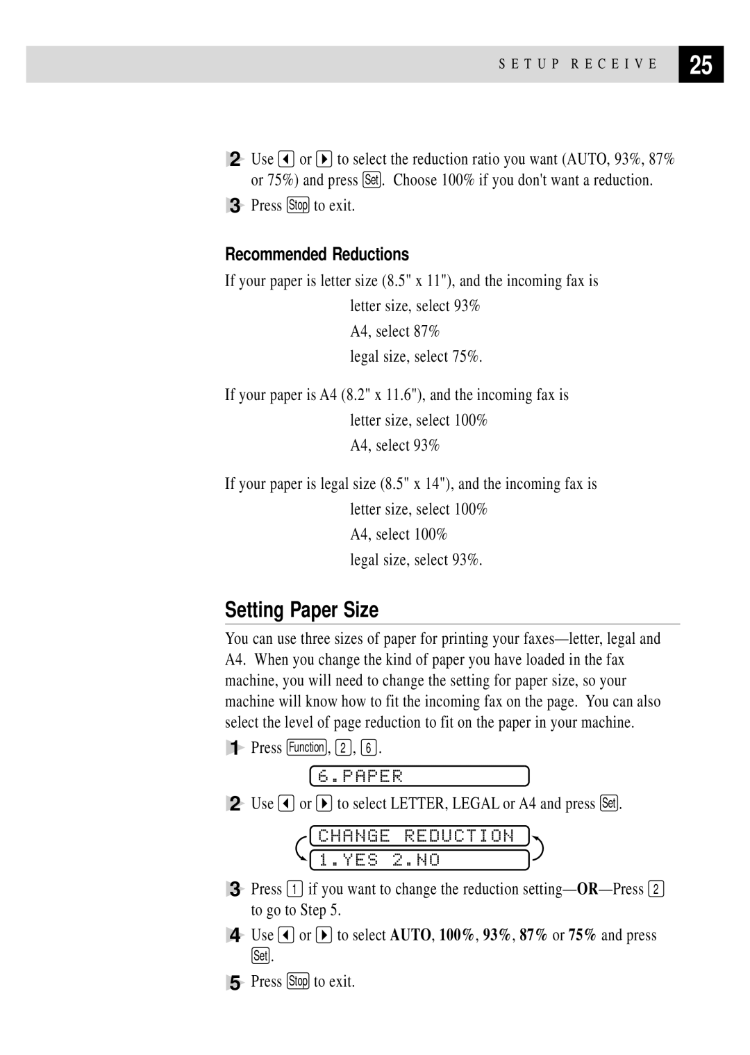 Brother 770, 750 owner manual Setting Paper Size, Change Reduction 1.YES 2.NO, Recommended Reductions 