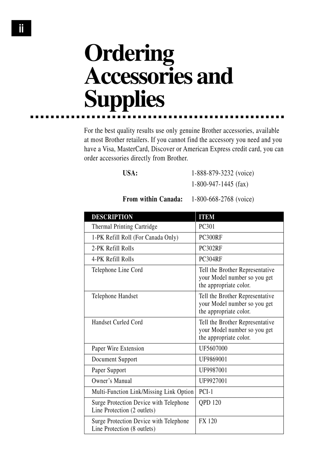 Brother 750, 770 owner manual Ordering Accessories Supplies, Description 