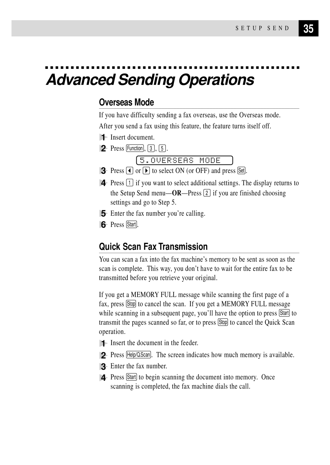 Brother 770, 750 owner manual Advanced Sending Operations, Overseas Mode, Quick Scan Fax Transmission 