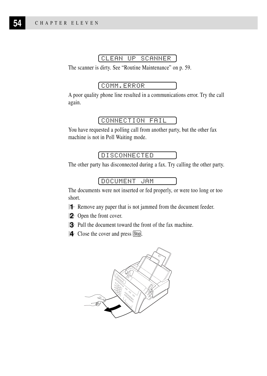 Brother 750, 770 owner manual Clean UP Scanner, Comm.Error, Connection Fail, Disconnected, Document JAM 