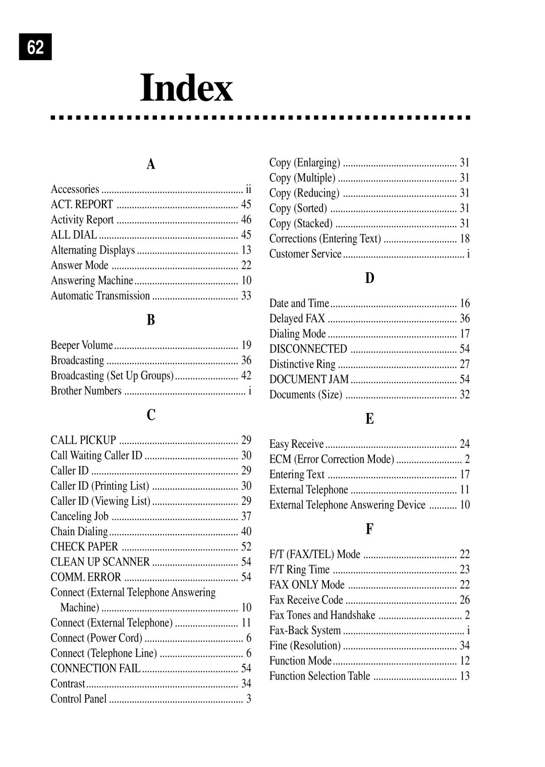 Brother 750, 770 owner manual Index, ALL Dial 