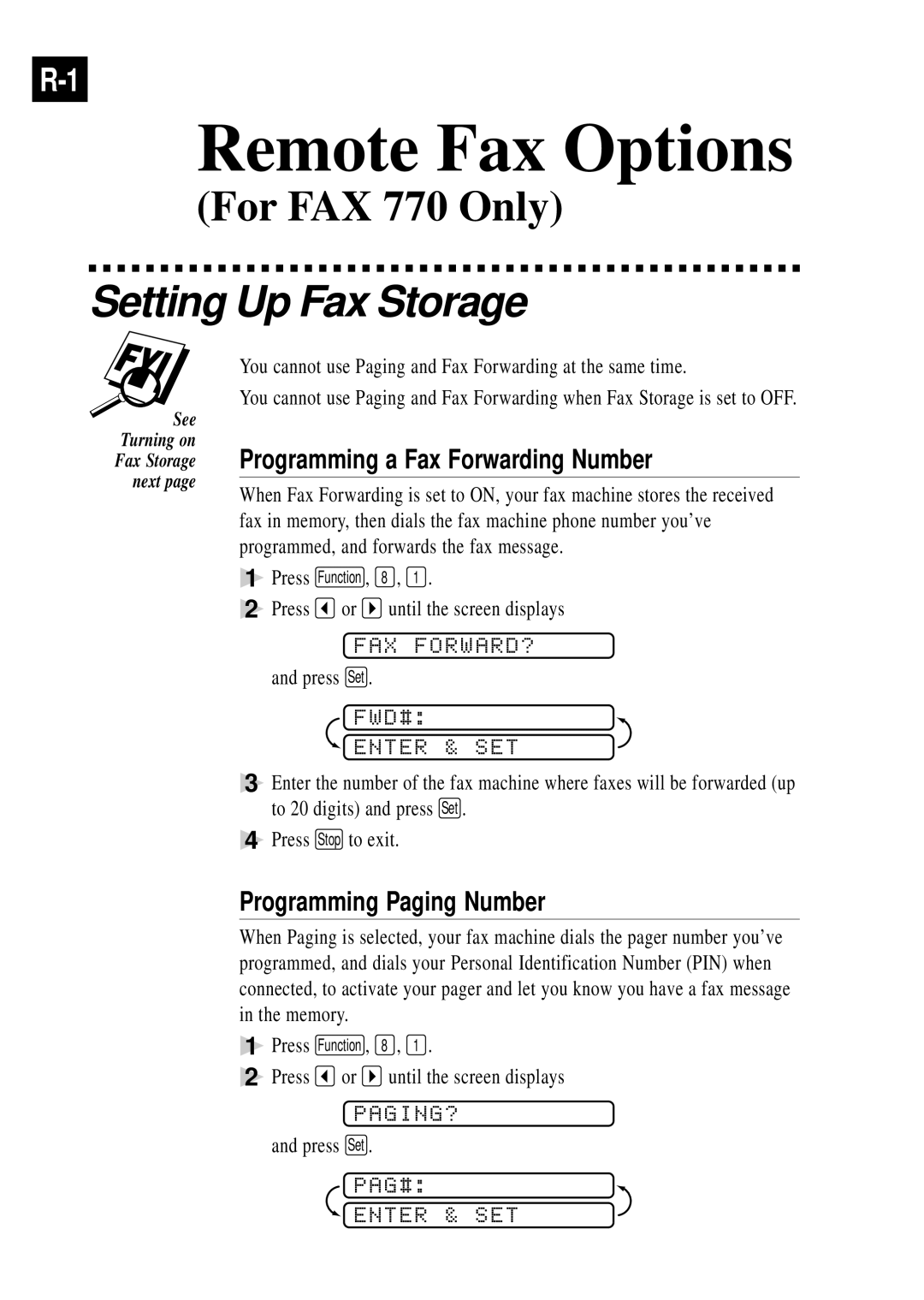 Brother 750 Remote Fax Options, Setting Up Fax Storage, Programming a Fax Forwarding Number, Programming Paging Number 