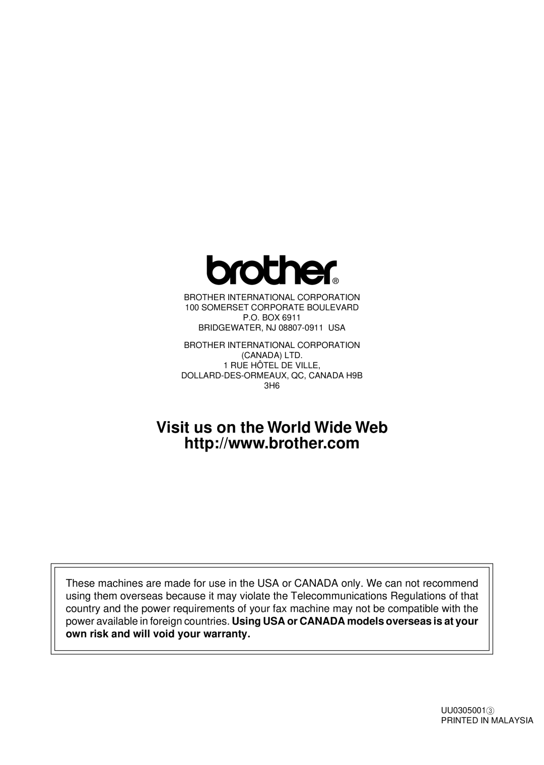 Brother 770, 750 owner manual Visit us on the World Wide Web 