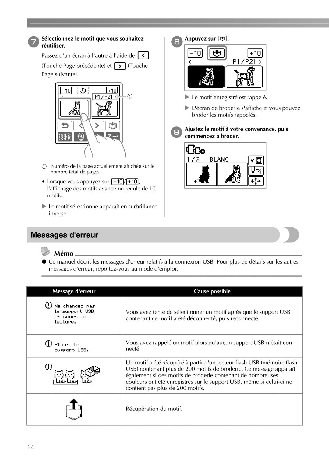 Brother 750E manual Messages derreur, GSélectionnezréutiliser. le motif que vous souhaitez, HAppuyez sur 