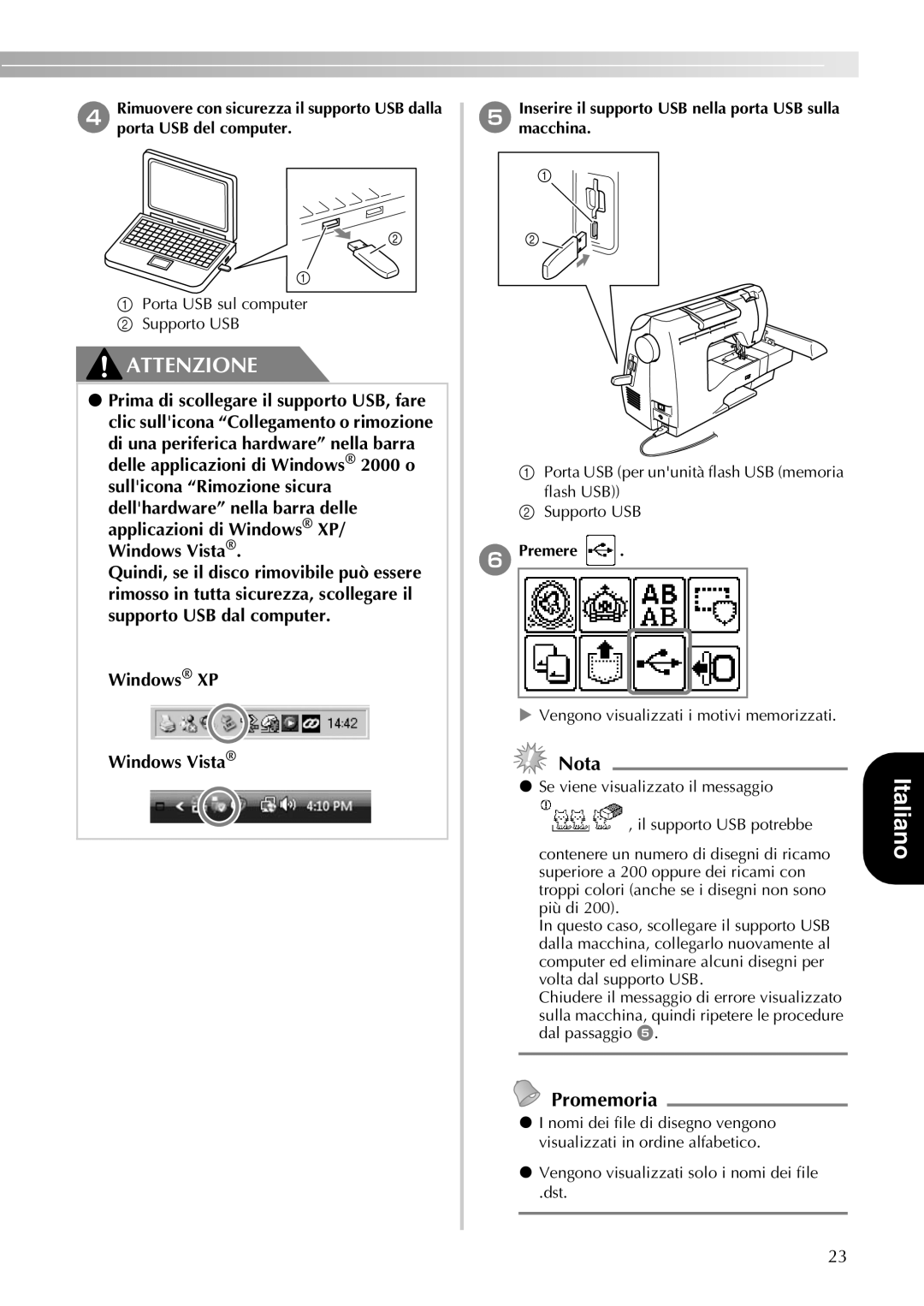 Brother 750E manual EInserire il supporto USB nella porta USB sulla macchina, FPremere 