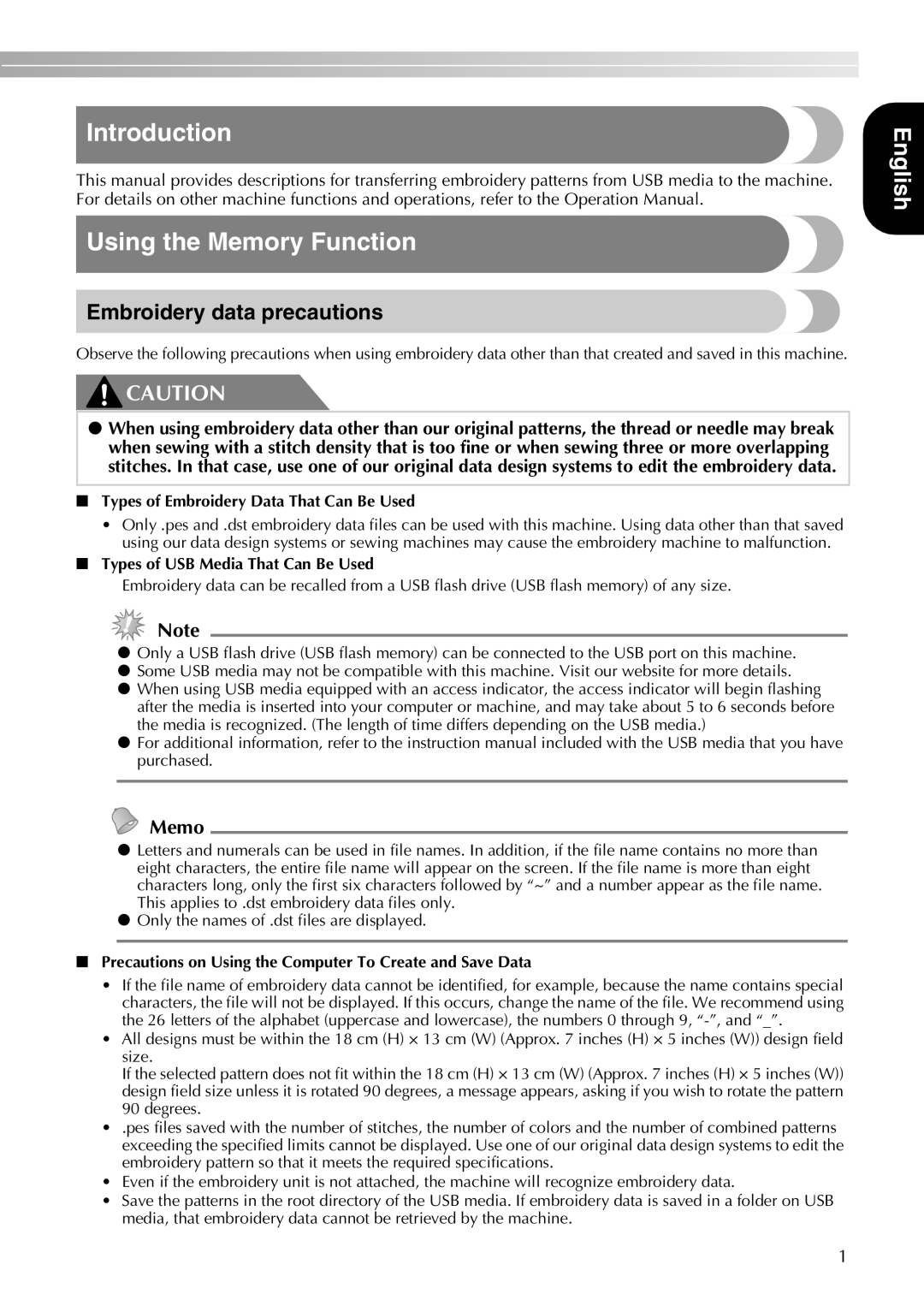 Brother 750E Introduction Using the Memory Function, Embroidery data precautions, Types of USB Media That Can Be Used 