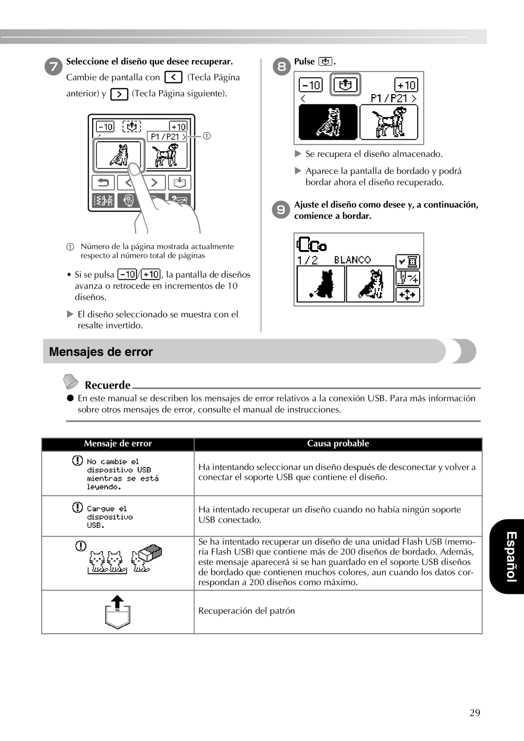 Brother 750E manual Mensajes de error, GSeleccione el diseño que desee recuperar, HPulse, Mensaje de error Causa probable 