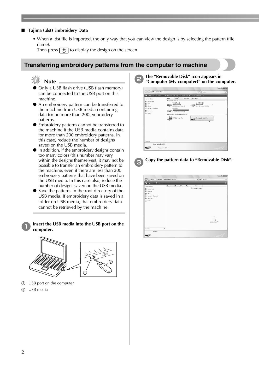 Brother 750E manual Tajima .dst Embroidery Data, Insert the USB media into the USB port on the computer 