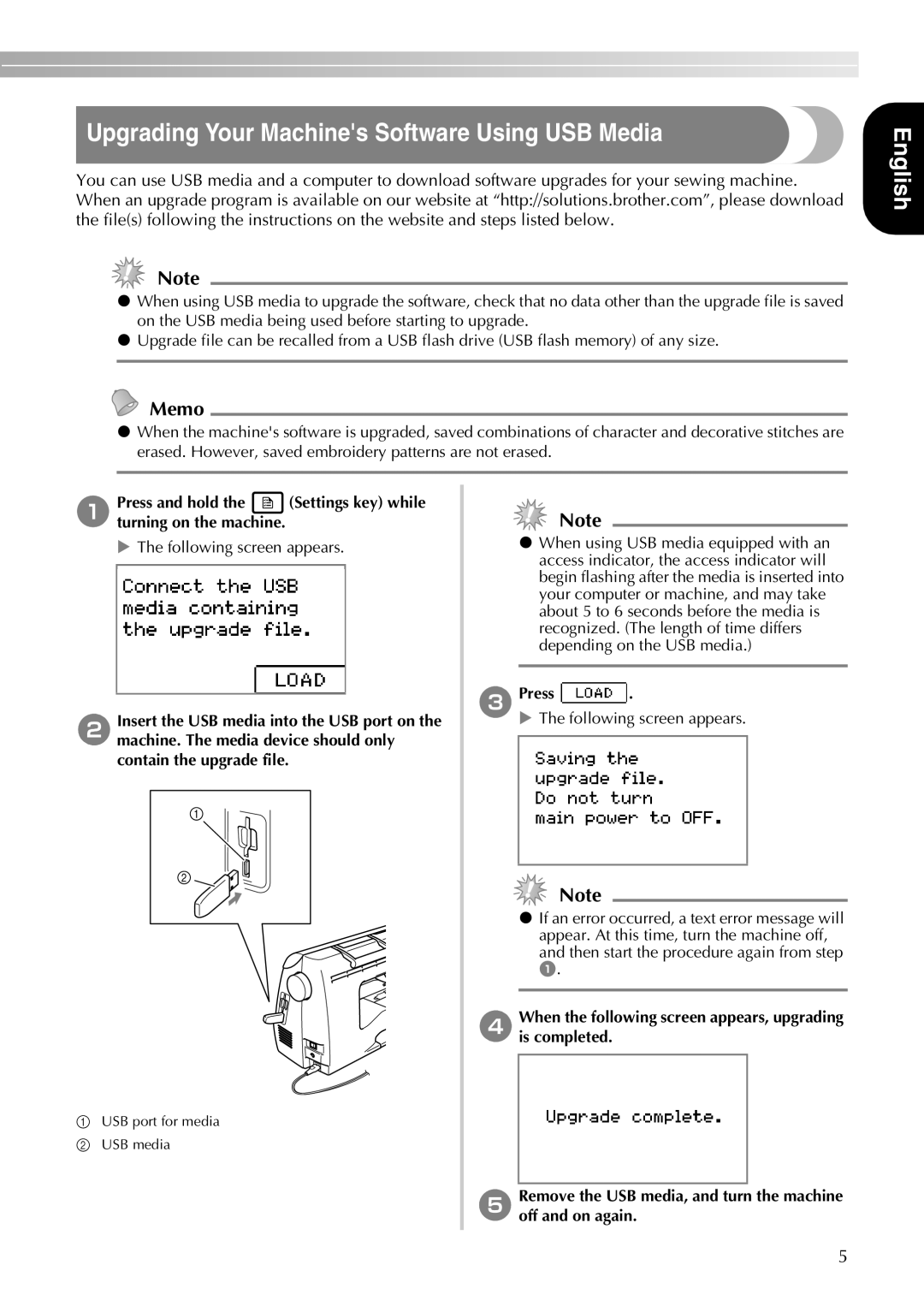 Brother 750E manual Upgrading Your Machines Software Using USB Media, Press 