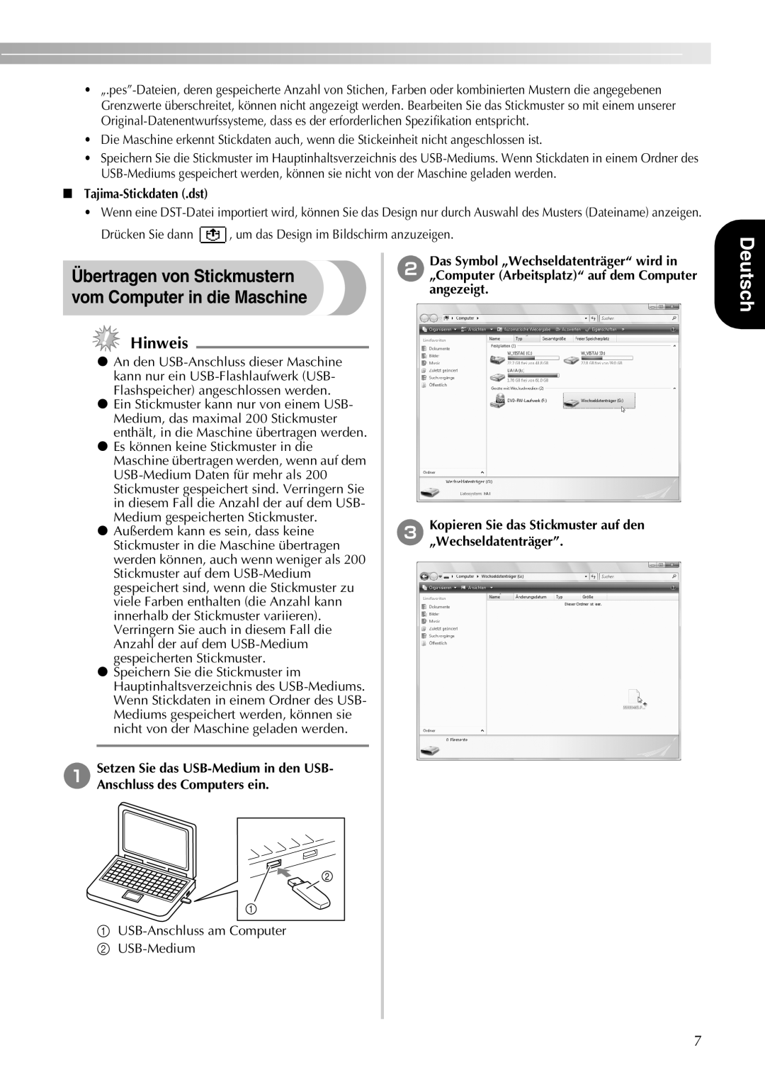 Brother 750E manual Deutsch, Tajima-Stickdaten .dst 