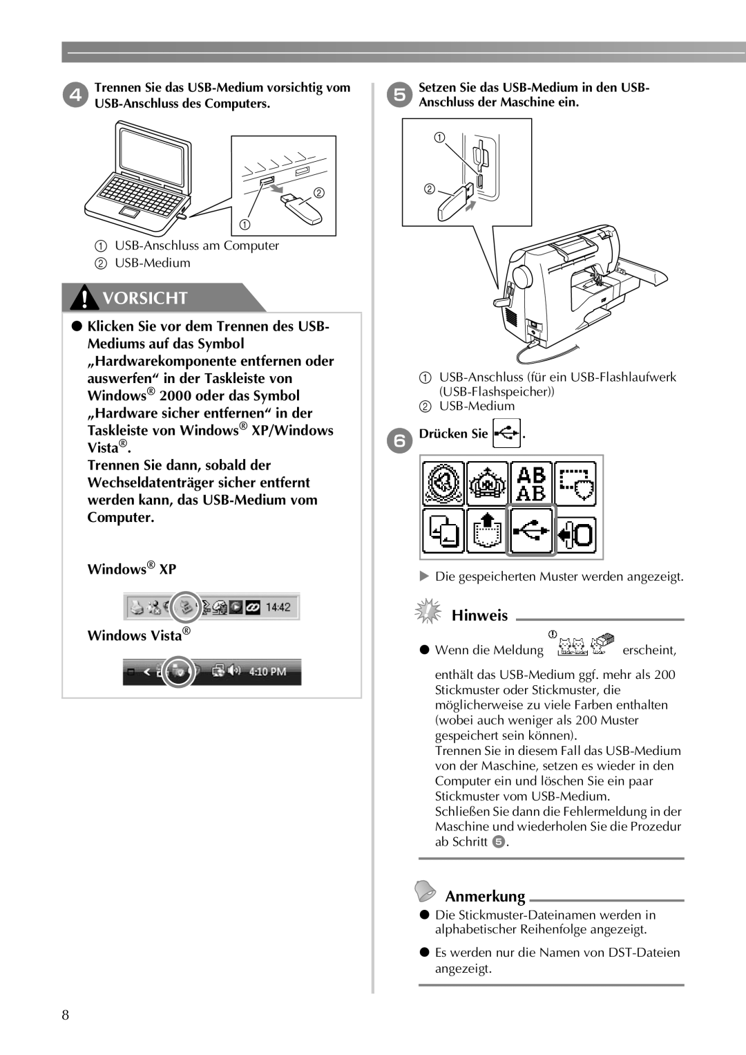 Brother 750E auswerfen“ in der Taskleiste von Windows 2000 oder das Symbol, f Drücken Sie, Vorsicht, Hinweis, Anmerkung 