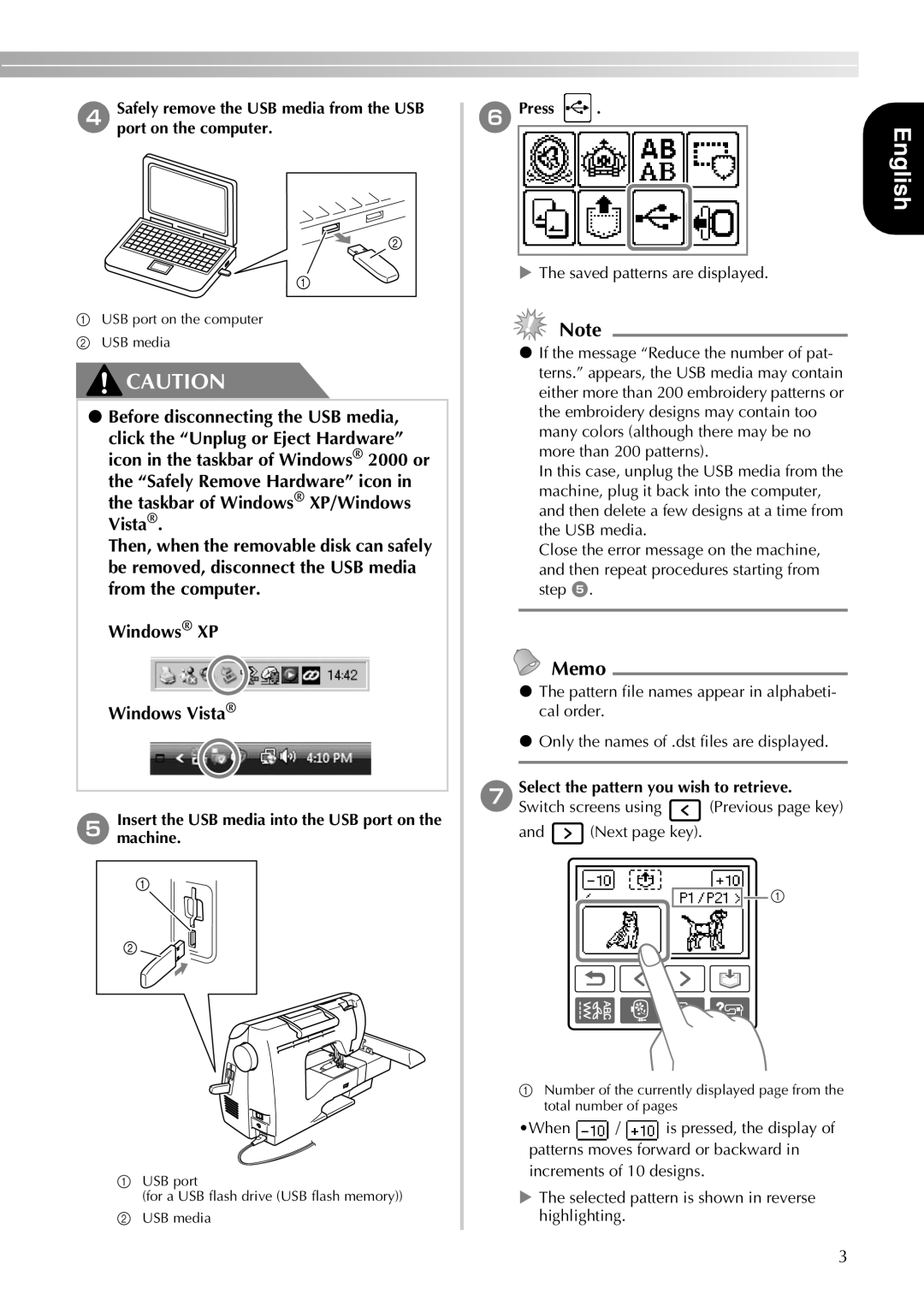 Brother 750E manual Before disconnecting the USB media, Windows XP Windows Vista, fPress, English, Memo 