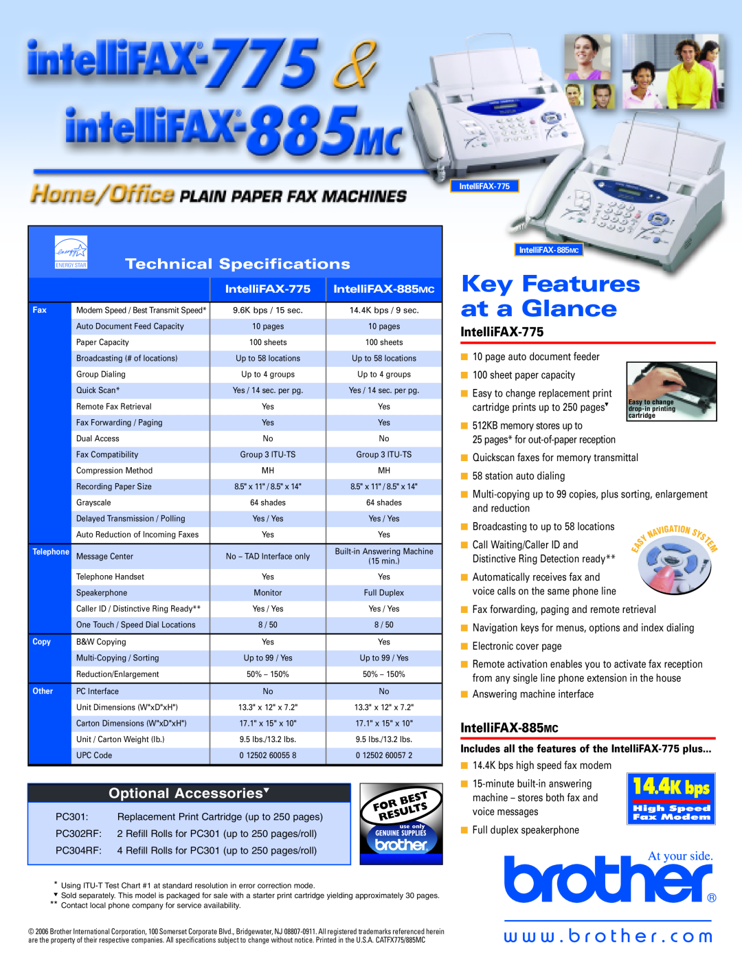 Brother Key Features at a Glance, Technical Specifications, IntelliFAX-775, Optional Accessories, IntelliFAX-885MC 