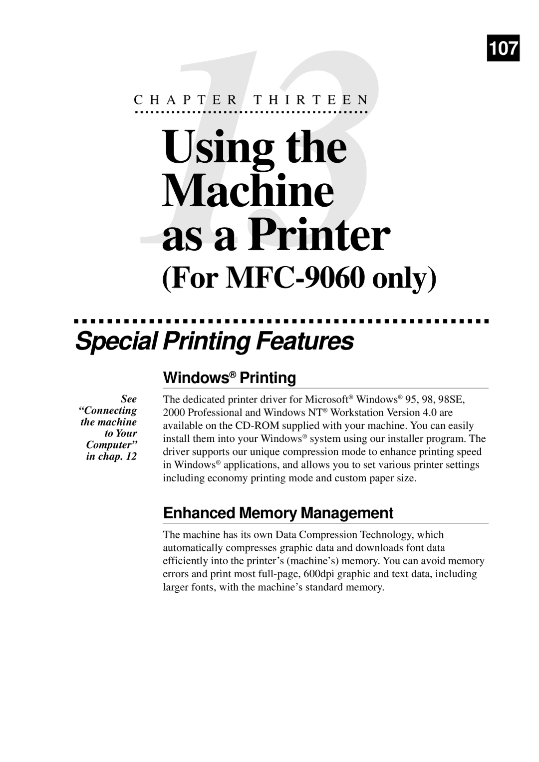 Brother 8060P MFC-9060 Using Machine As a Printer, Special Printing Features, Windows Printing, Enhanced Memory Management 