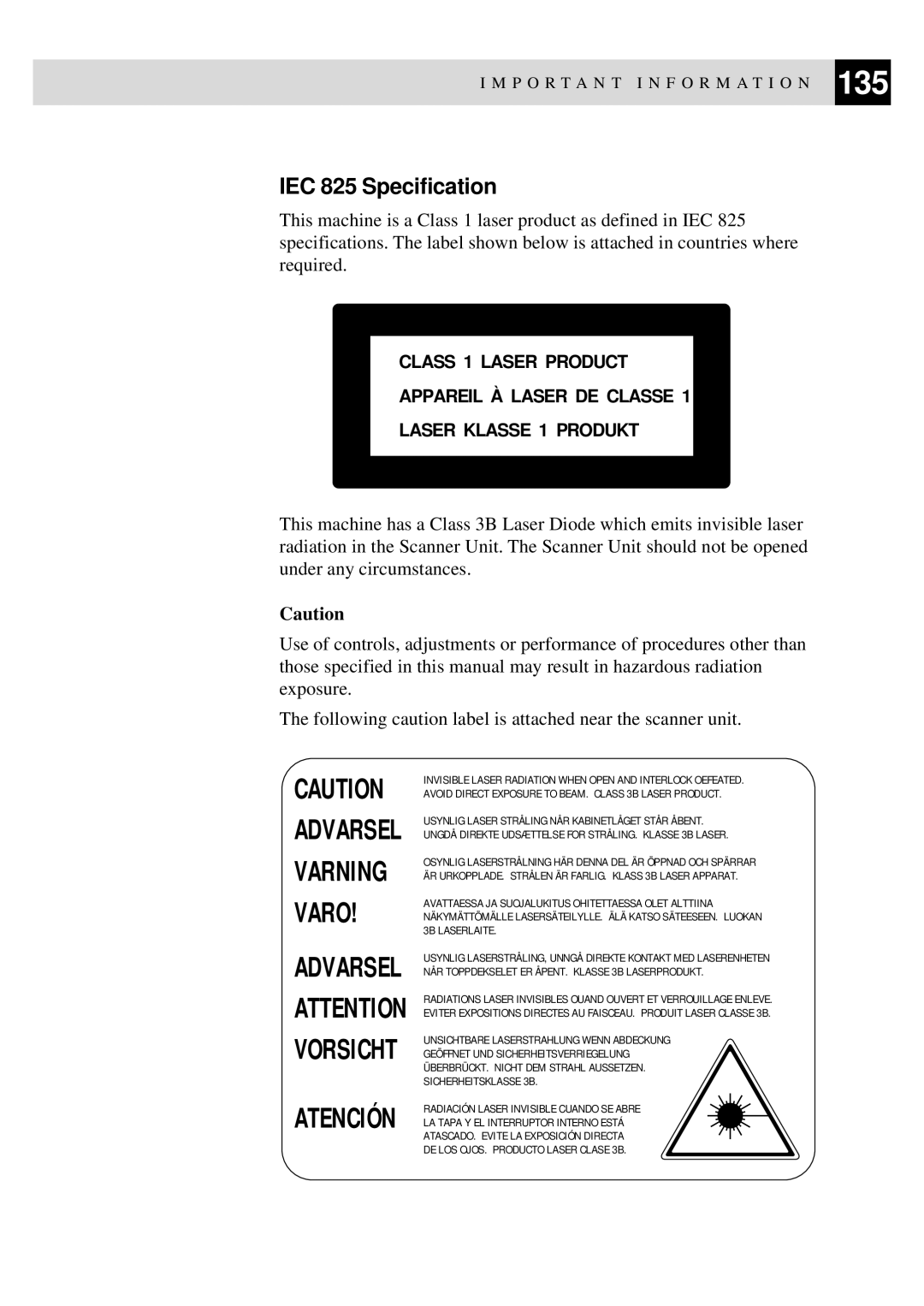 Brother 8060P MFC-9060 owner manual Atención, IEC 825 Specification 