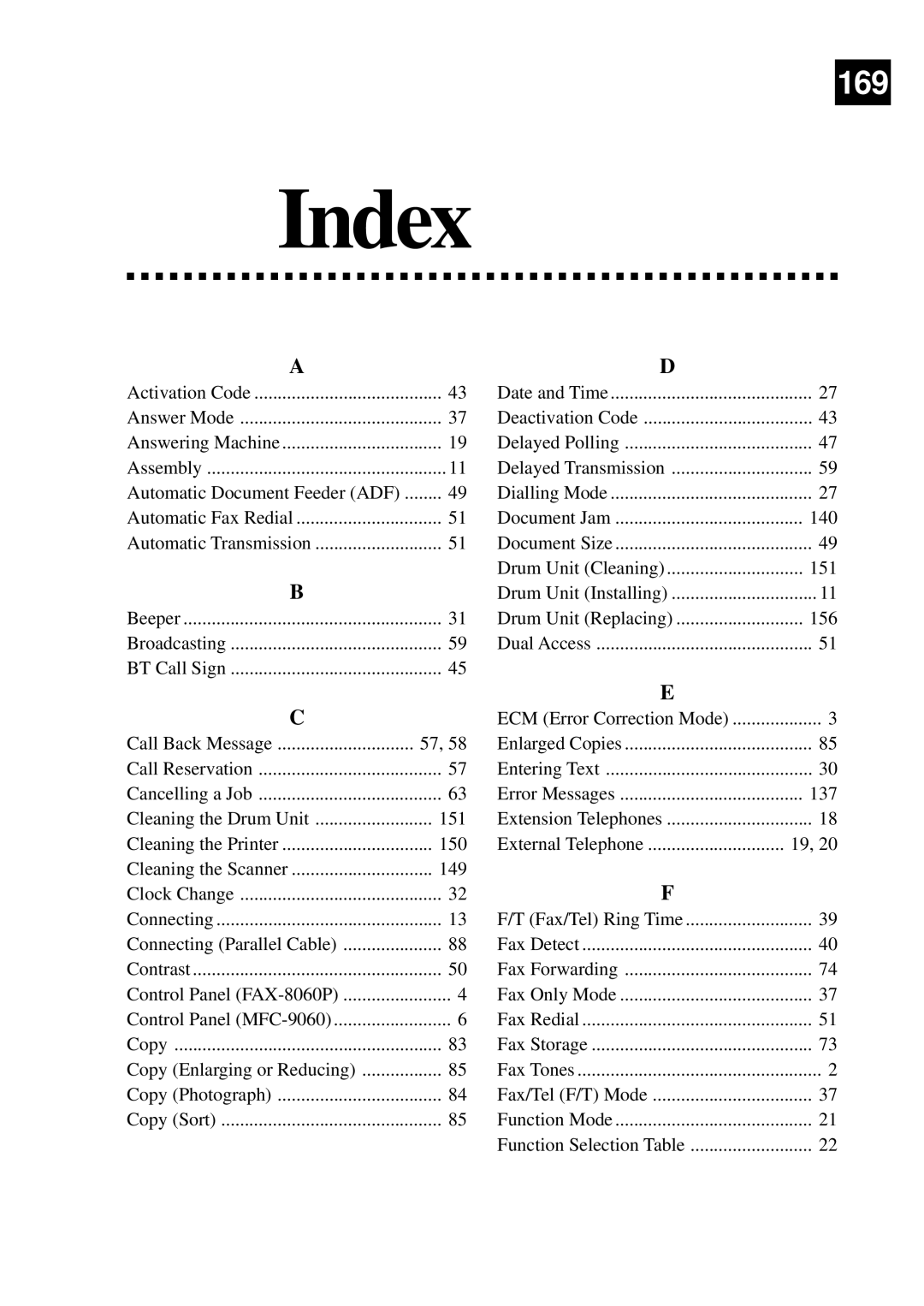 Brother 8060P MFC-9060 owner manual Index 