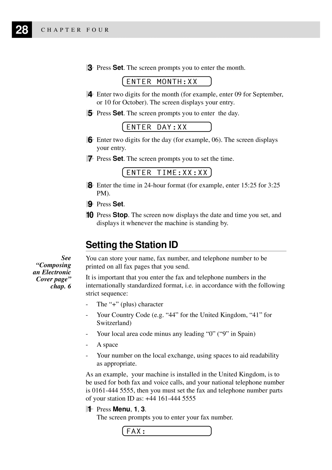 Brother 8060P MFC-9060 owner manual Setting the Station ID, Enter Monthxx, Enter Dayxx, Enter Timexxxx, Fax 