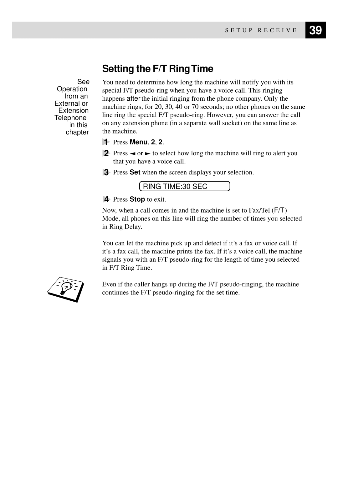 Brother 8060P MFC-9060 owner manual Setting the F/T Ring Time, Ring TIME30 SEC 