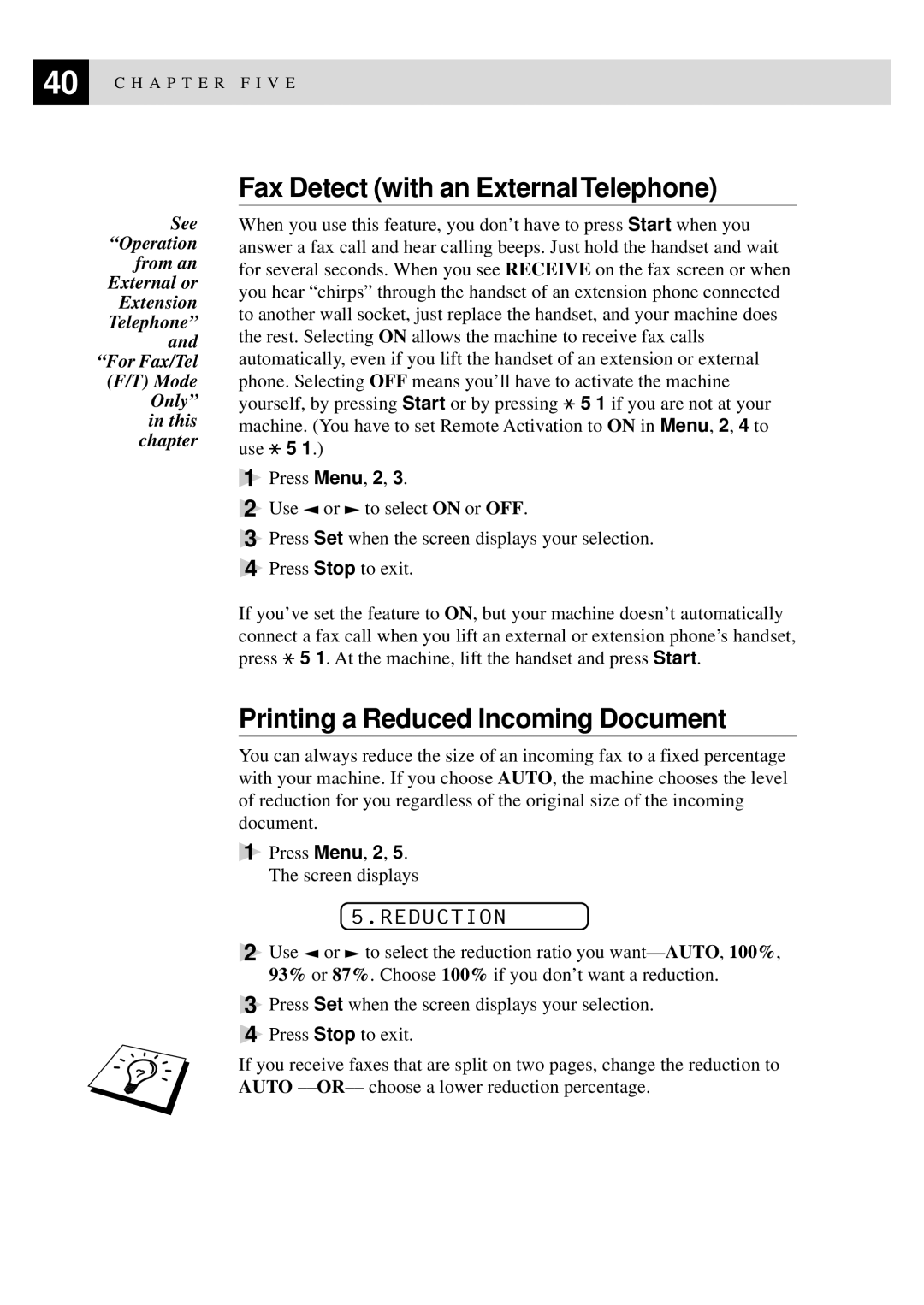 Brother 8060P MFC-9060 owner manual Fax Detect with an ExternalTelephone, Printing a Reduced Incoming Document, Reduction 