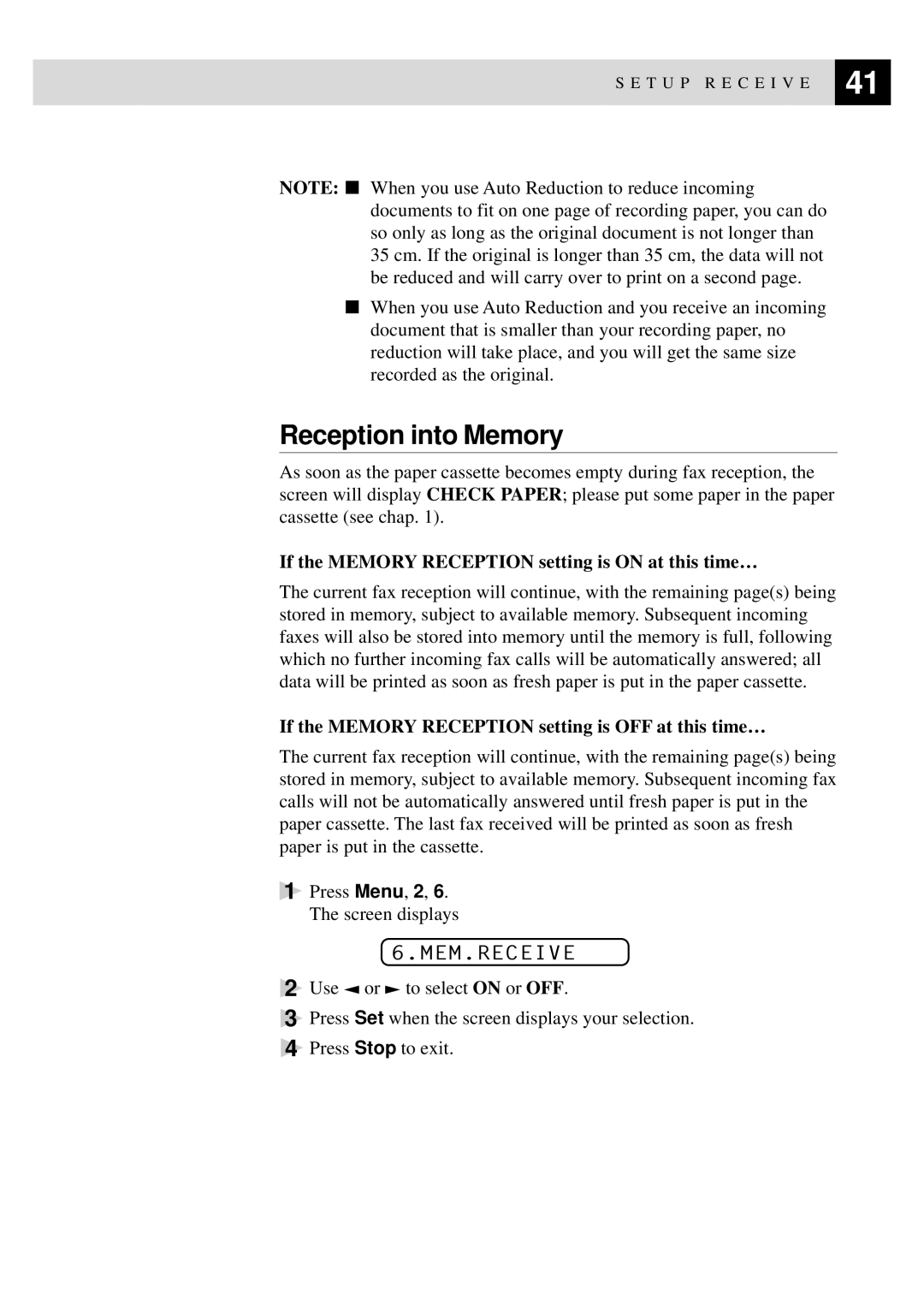 Brother 8060P MFC-9060 owner manual Reception into Memory, Mem.Receive, If the Memory Reception setting is on at this time… 