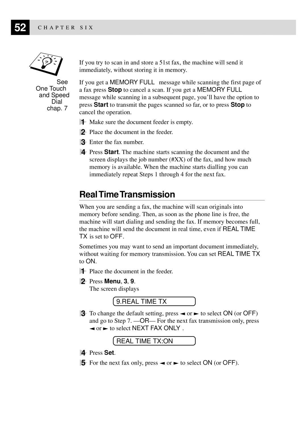 Brother 8060P MFC-9060 owner manual Real Time Transmission, Real Time TX, Real Time Txon 