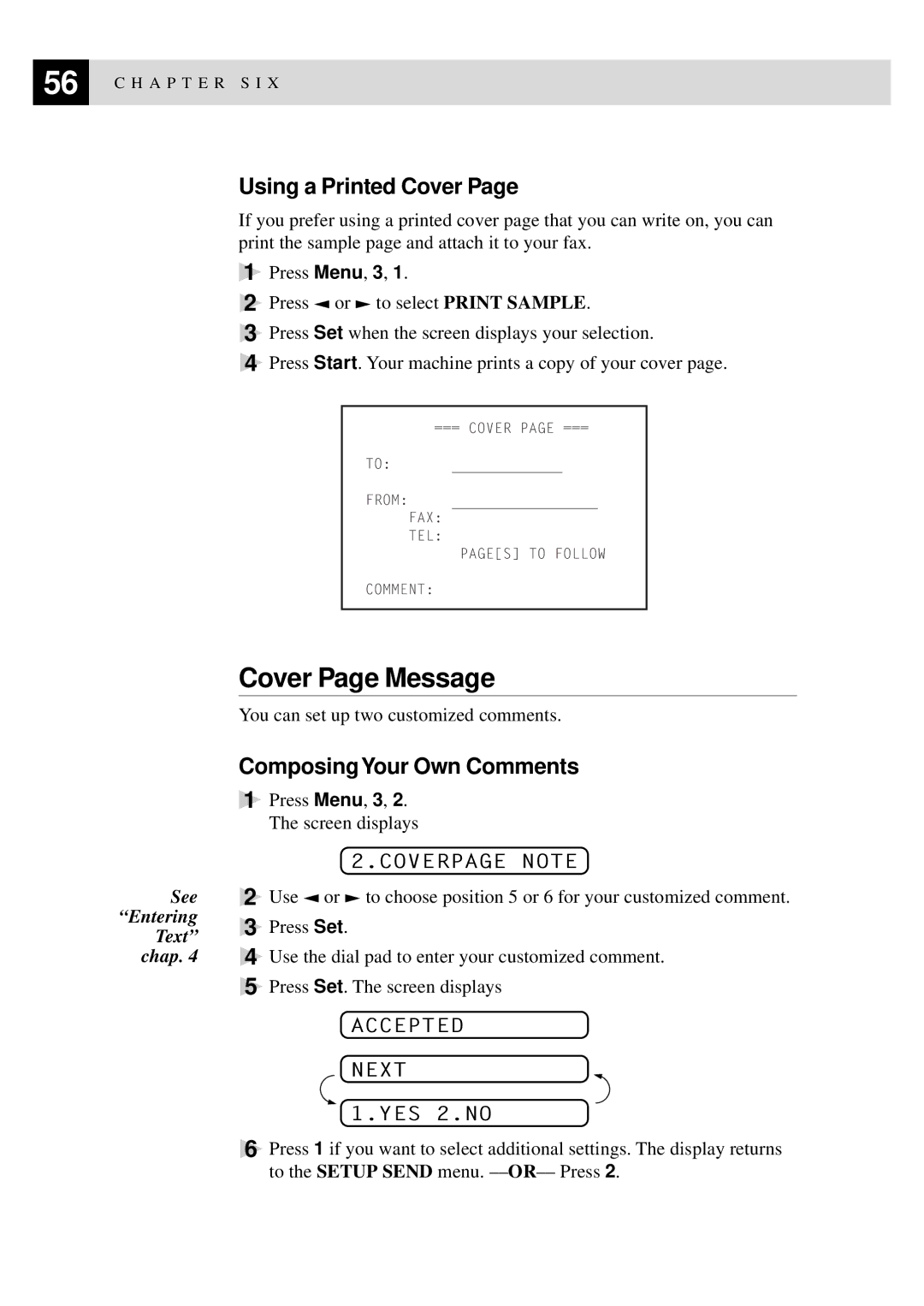 Brother 8060P MFC-9060 owner manual Cover Page Message, Using a Printed Cover, ComposingYour Own Comments, Coverpage Note 