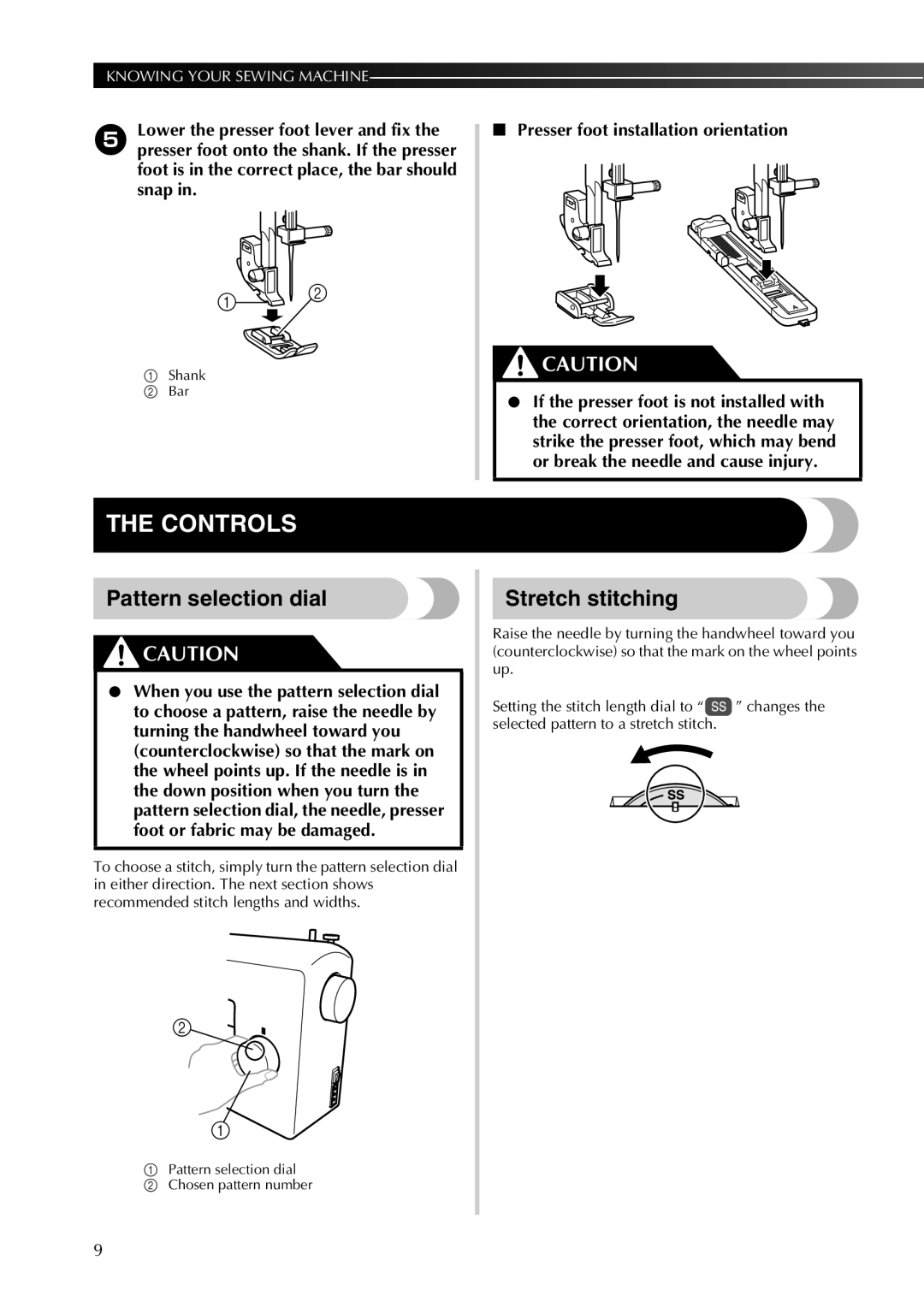 Brother 855-X06 operation manual Controls, Pattern selection dial, Stretch stitching, Presser foot installation orientation 