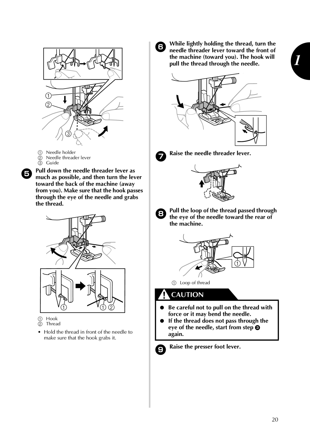 Brother 855-X06 operation manual Pull the thread through the needle 