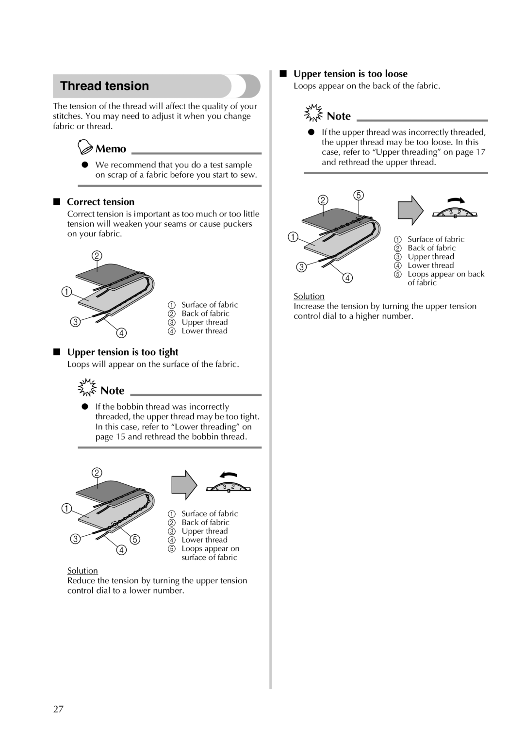 Brother 855-X06 operation manual Thread tension, Upper tension is too loose, Correct tension, Upper tension is too tight 