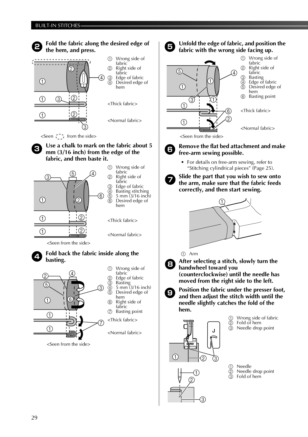 Brother 855-X06 operation manual Fold the fabric along the desired edge of the hem, and press 