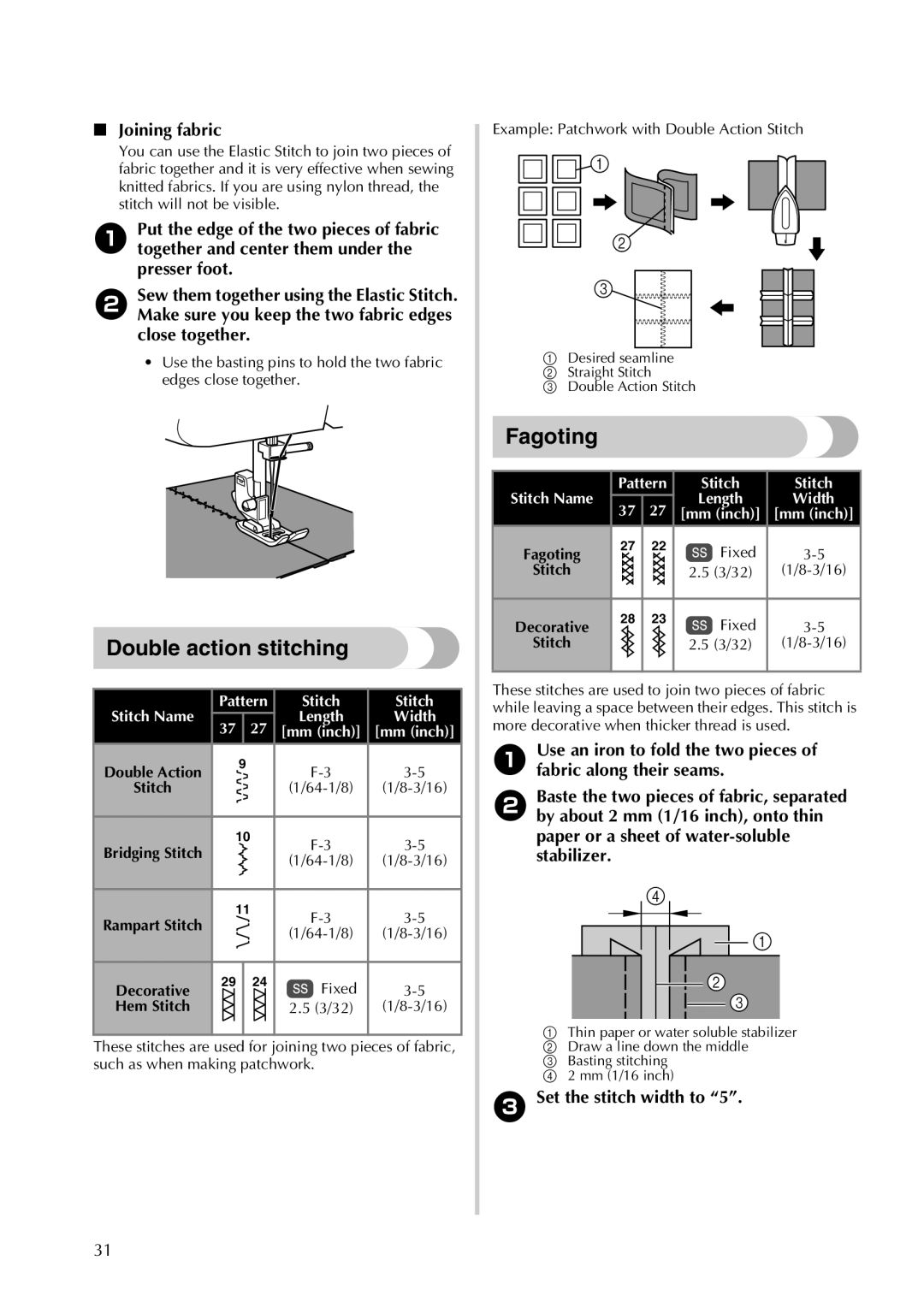 Brother 855-X06 operation manual Double action stitching, Fagoting, Joining fabric, Set the stitch width to, Fixed 