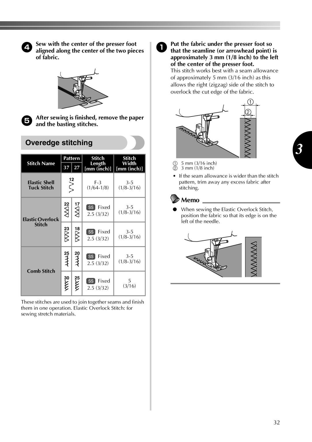 Brother 855-X06 operation manual Overedge stitching, Pattern Stitch 