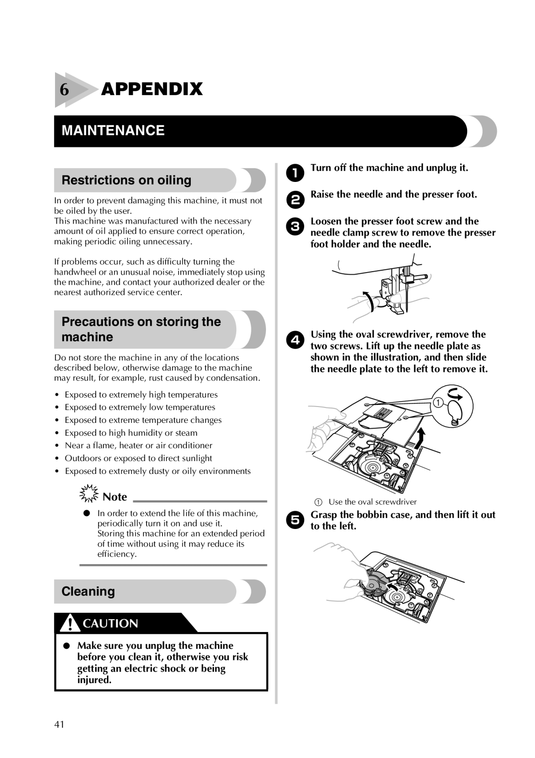 Brother 855-X06 Appendix, Maintenance, Restrictions on oiling, Precautions on storing the machine, Cleaning 