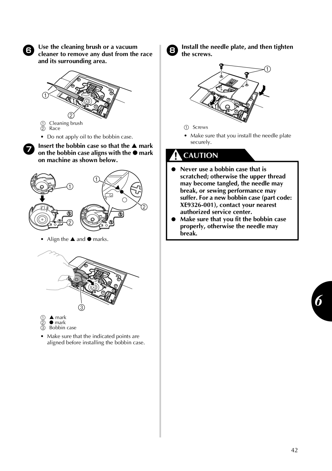 Brother 855-X06 operation manual Install the needle plate, and then tighten the screws 