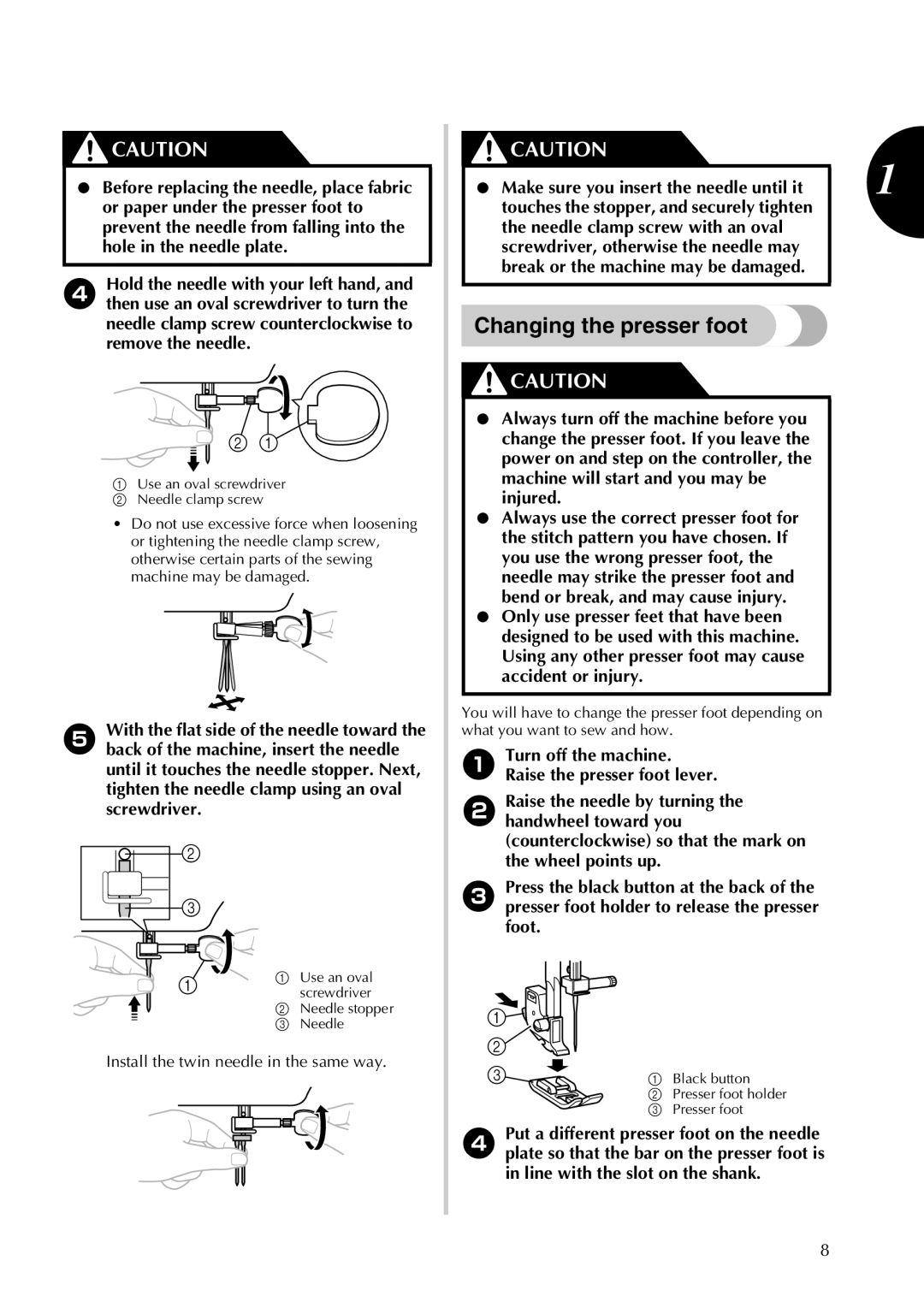 Brother 855-X06 operation manual Changing the presser foot 