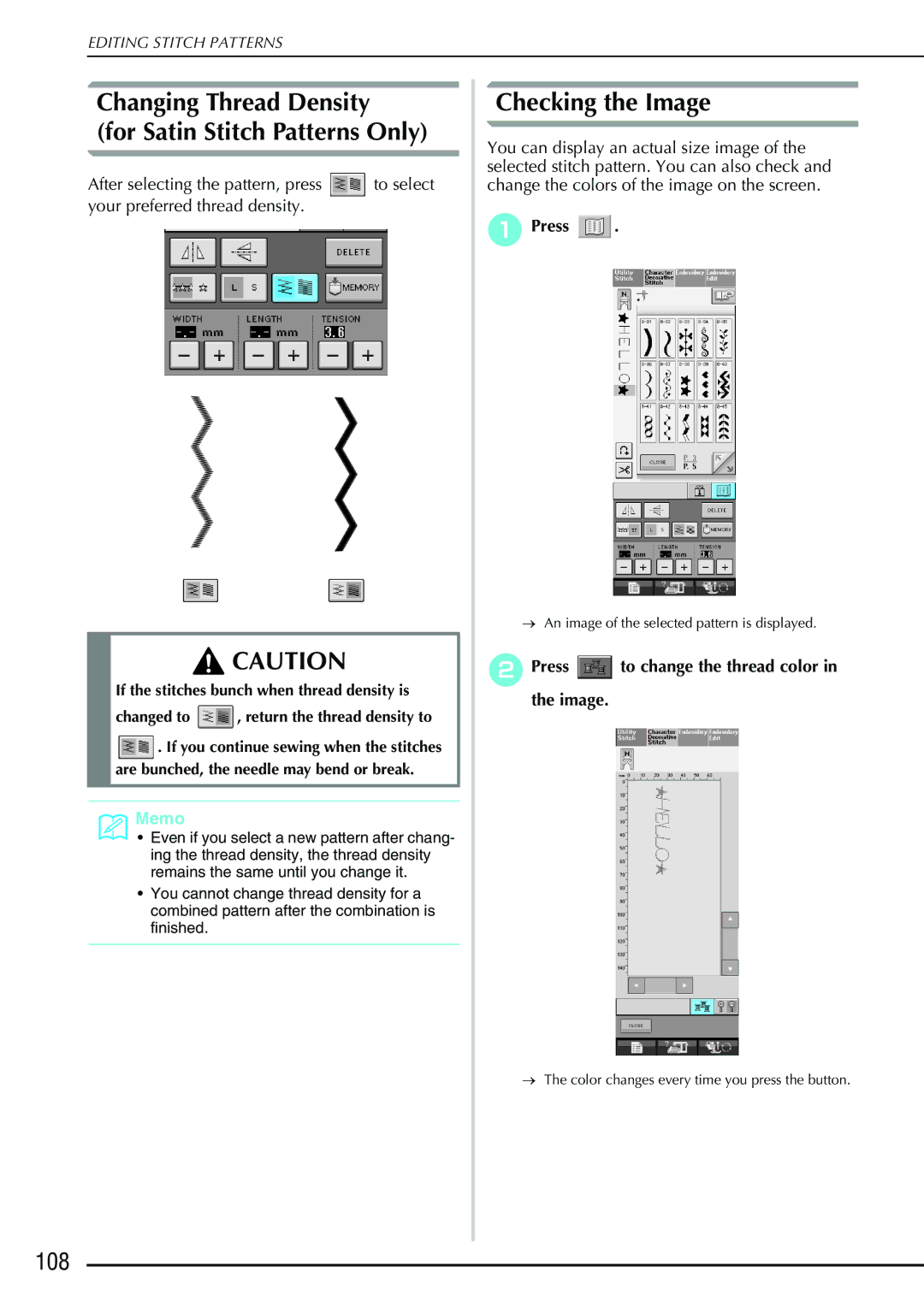 Brother 882-S90/S91 manual Changing Thread Density For Satin Stitch Patterns Only, Checking the Image, 108 