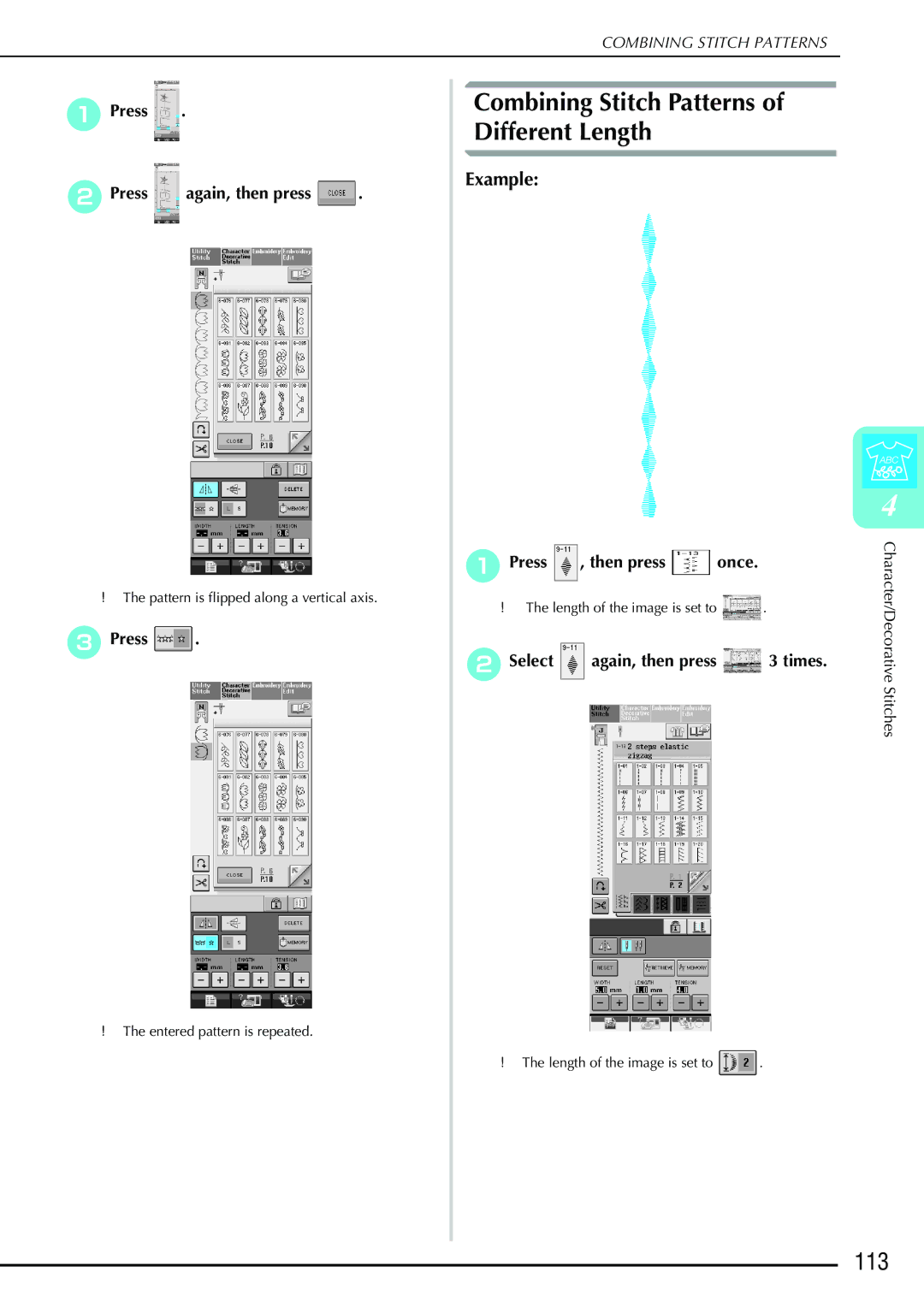 Brother 882-S90/S91 manual Combining Stitch Patterns, Different Length, 113, Press Press , then press once 