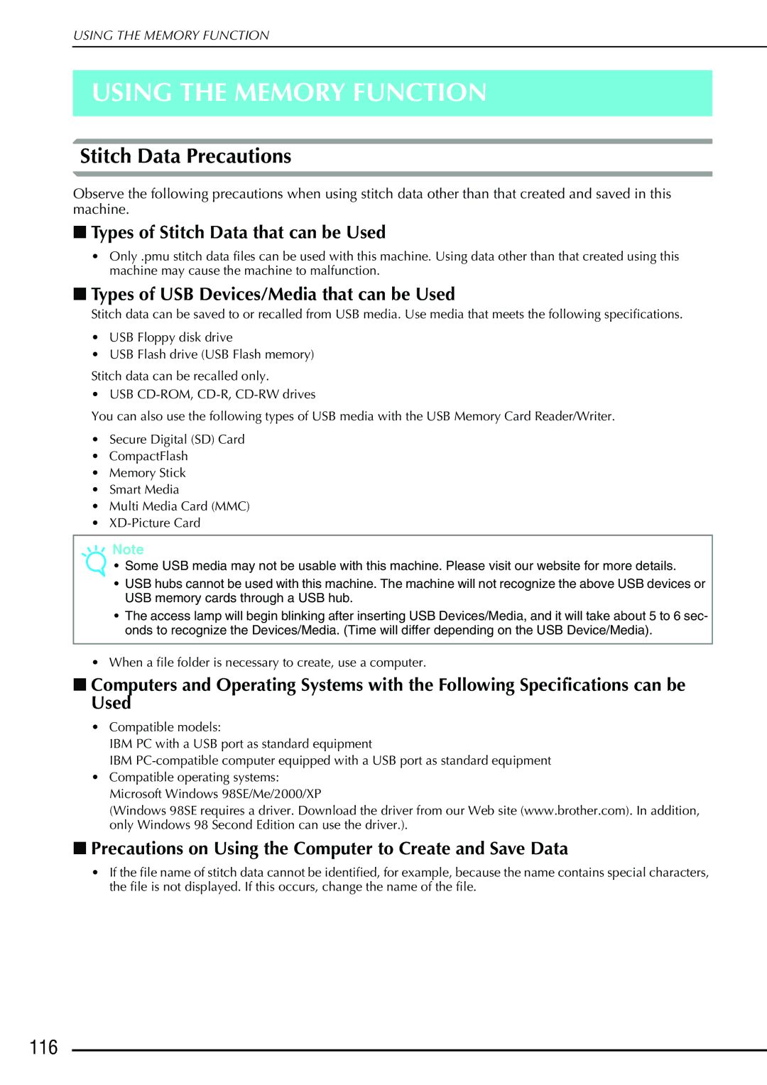 Brother 882-S90/S91 manual Using the Memory Function, Stitch Data Precautions, 116 